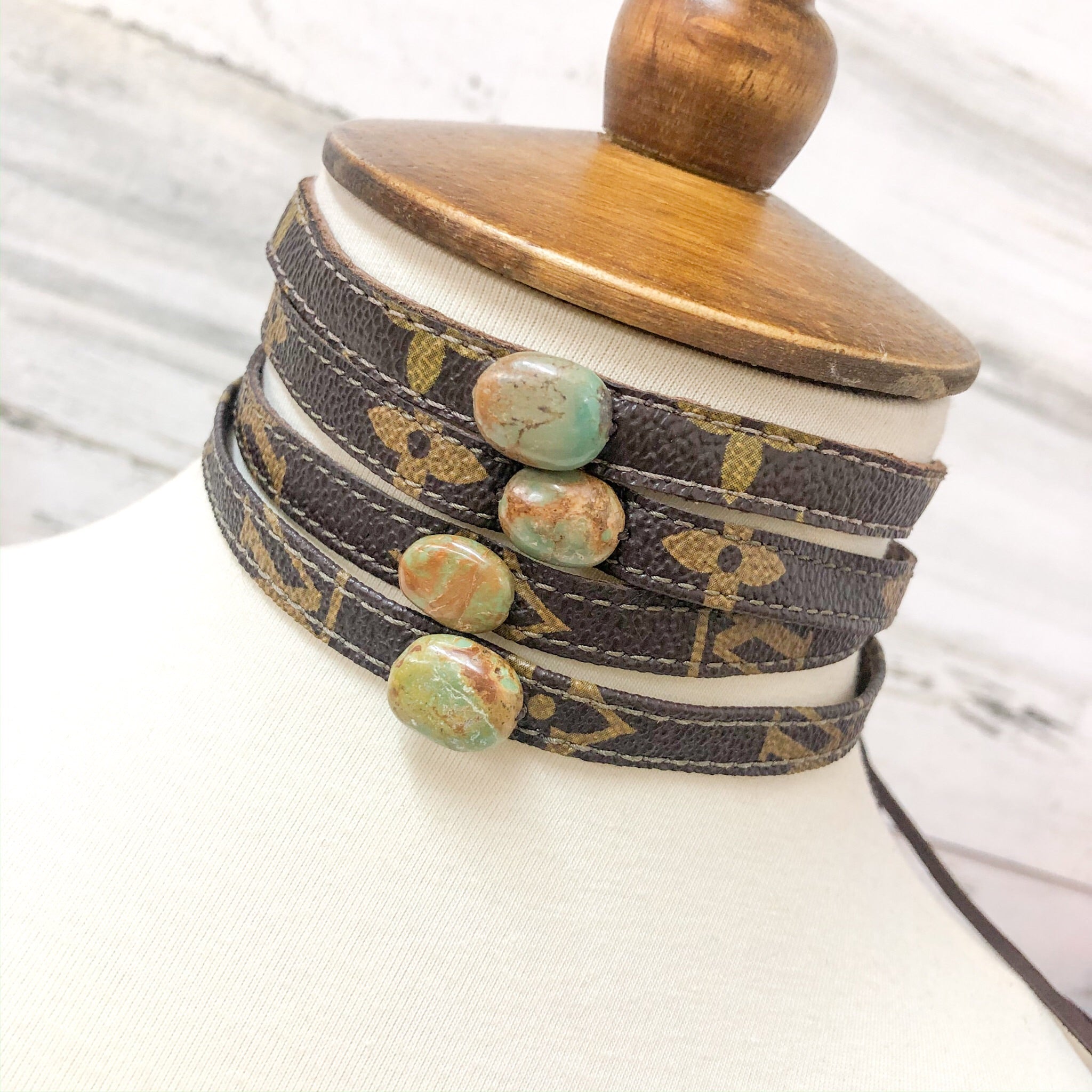 Embellished Leather Choker Necklace with Turquoise Green Stone - Giddy Up Glamour Boutique