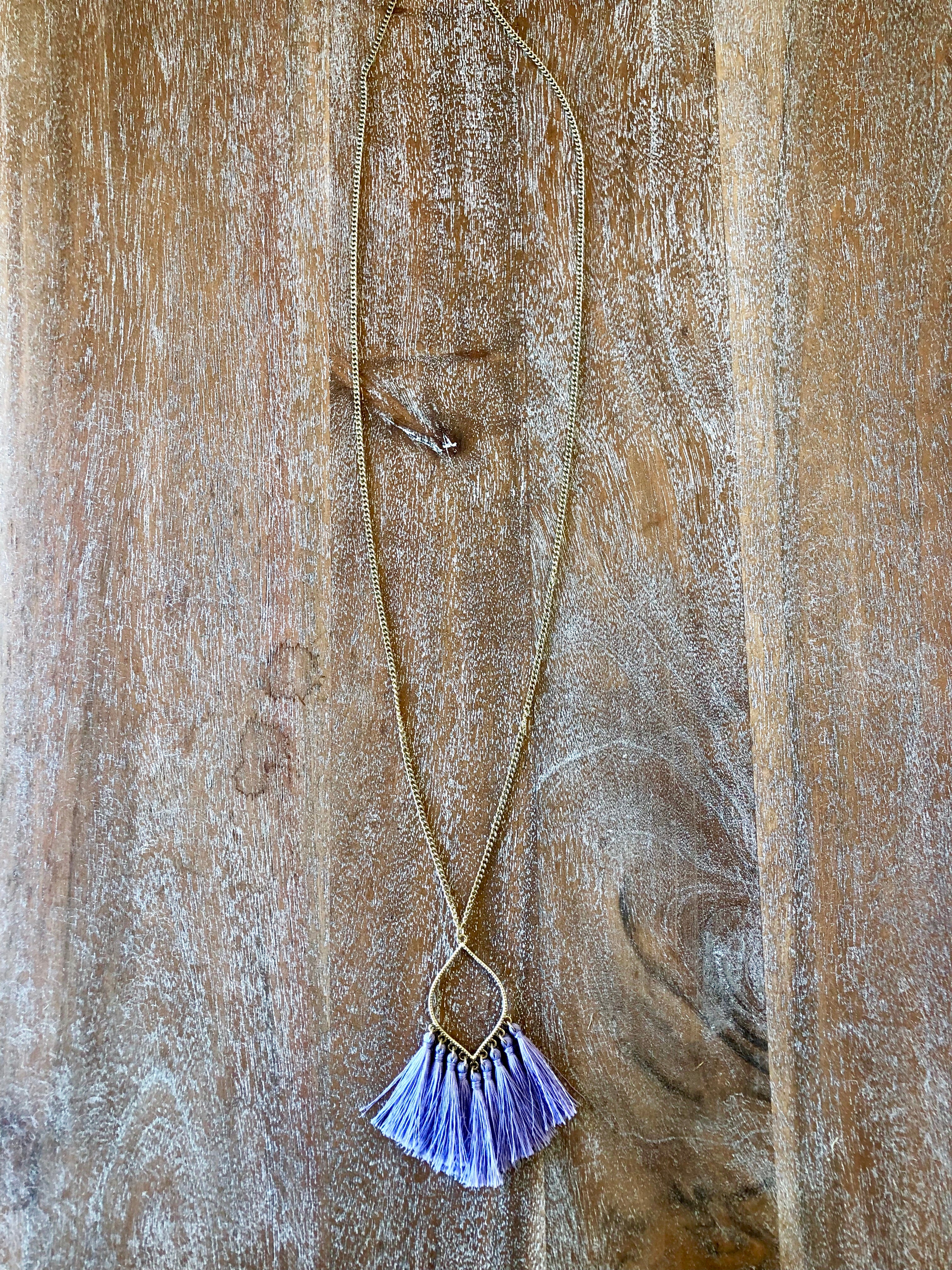 Gold Chain Lantern Outline Necklace with Fringe Tassels in Lavender