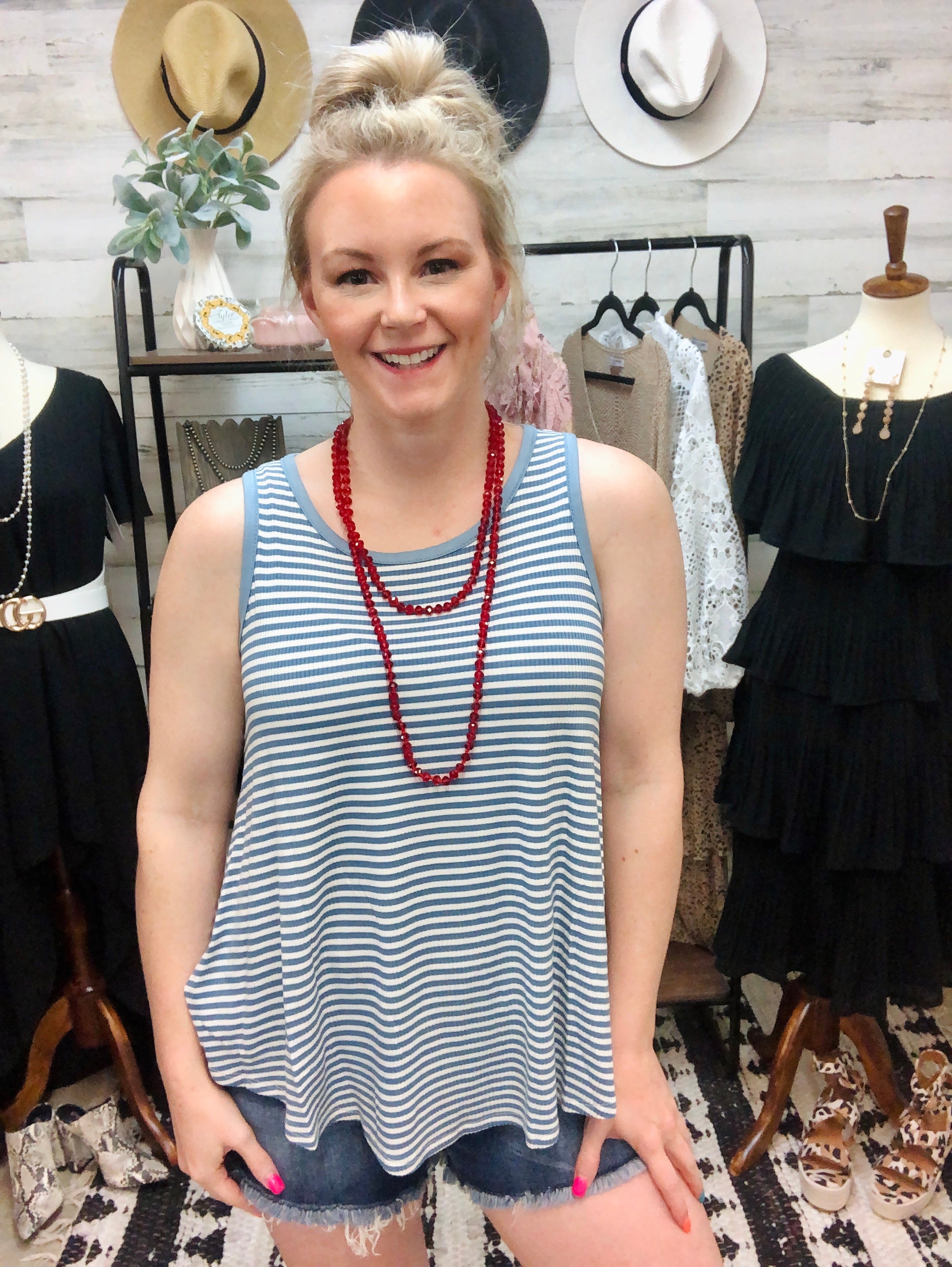 Ribbed Sleeveless Tank Top in Blue Stripes - Giddy Up Glamour Boutique