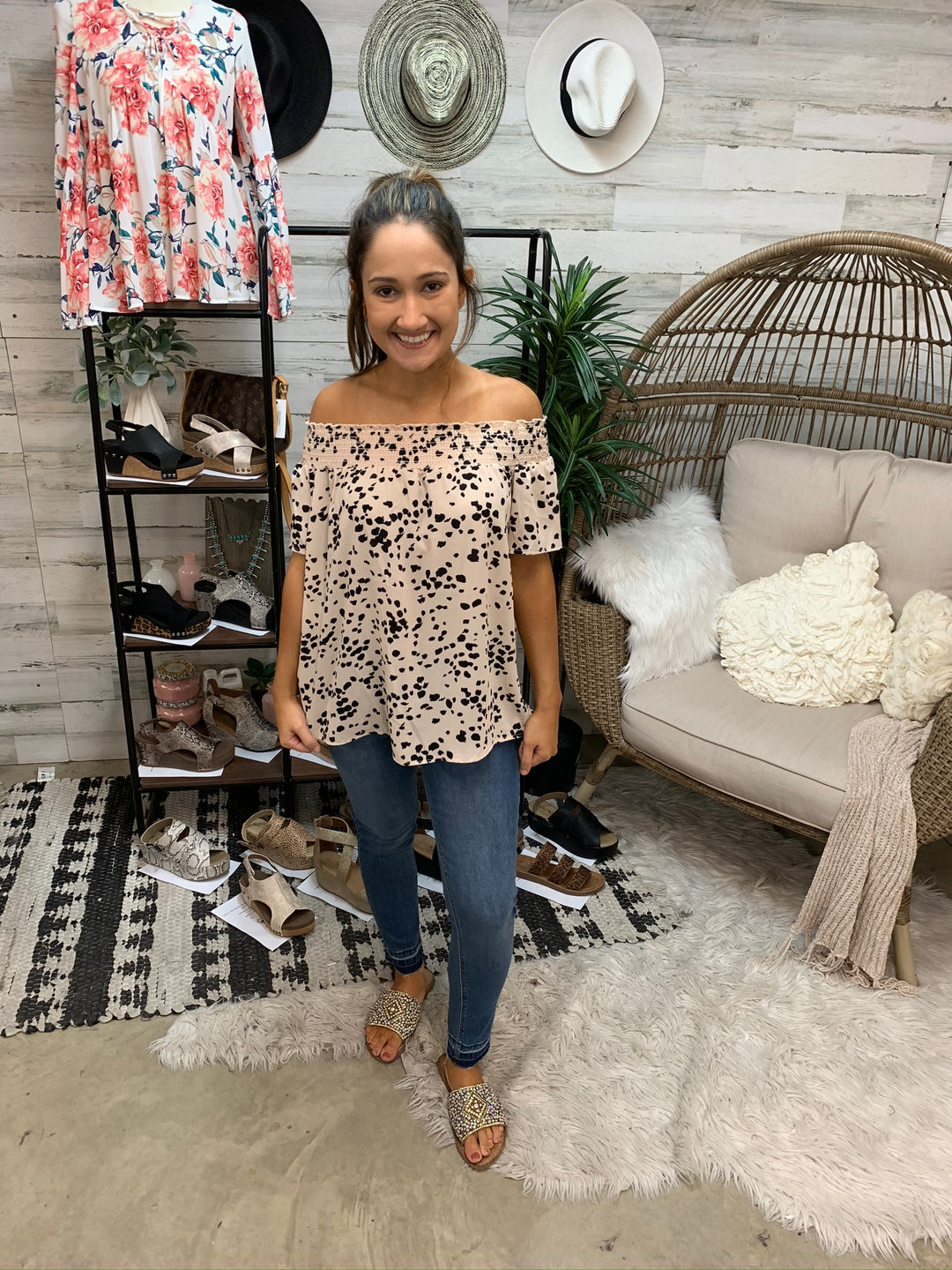 Black Dotted Off the Shoulder Top in Blush Pink - Giddy Up Glamour Boutique