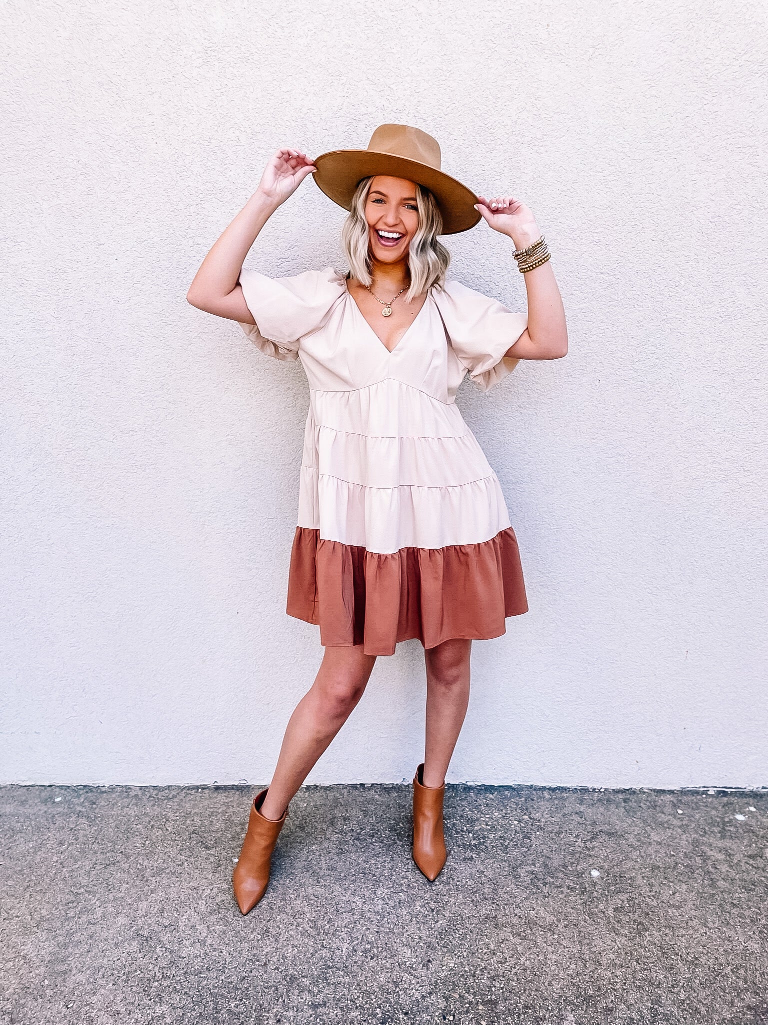 Trendy City Puff Sleeve Tiered Dress with Clay Brown Hemline in Beige - Giddy Up Glamour Boutique