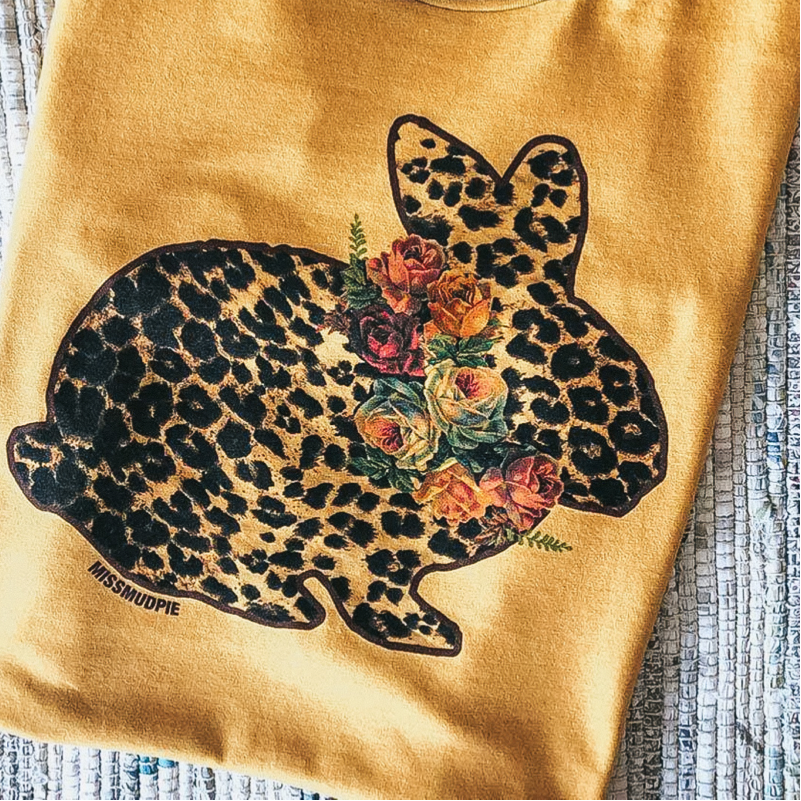 Online Exclusive | Leopard Bunny with Floral Wreath Short Sleeve Graphic Tee in Mustard Yellow - Giddy Up Glamour Boutique