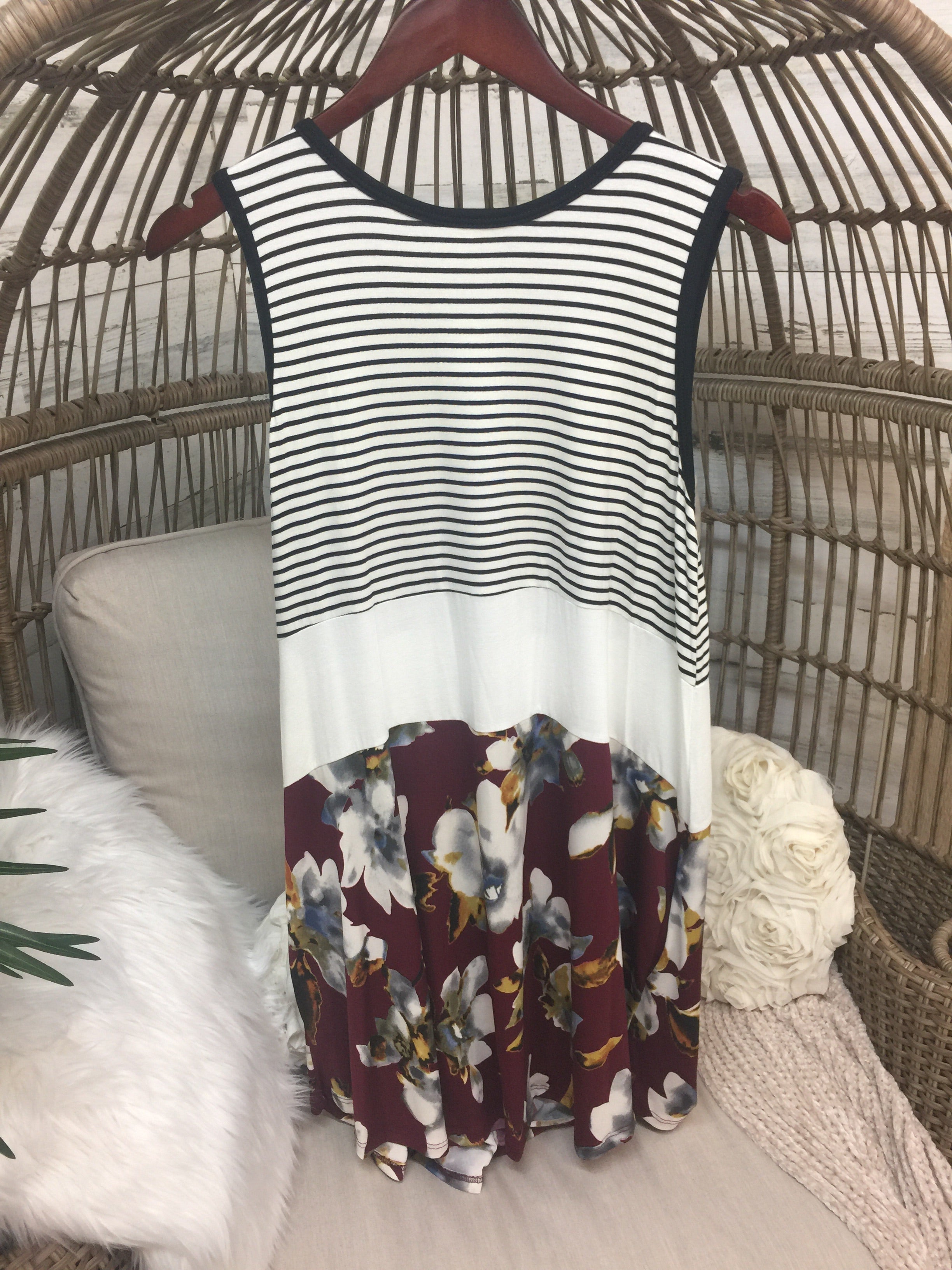 Floral and Striped Print Block Tank Dress in Ivory and Maroon
