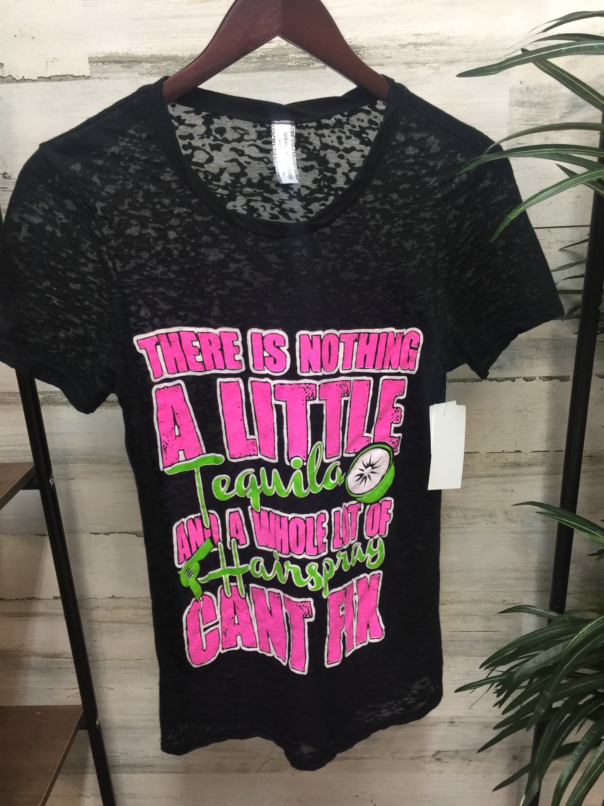 Tequila and Hairspray Burnout Tee in Black - Giddy Up Glamour Boutique