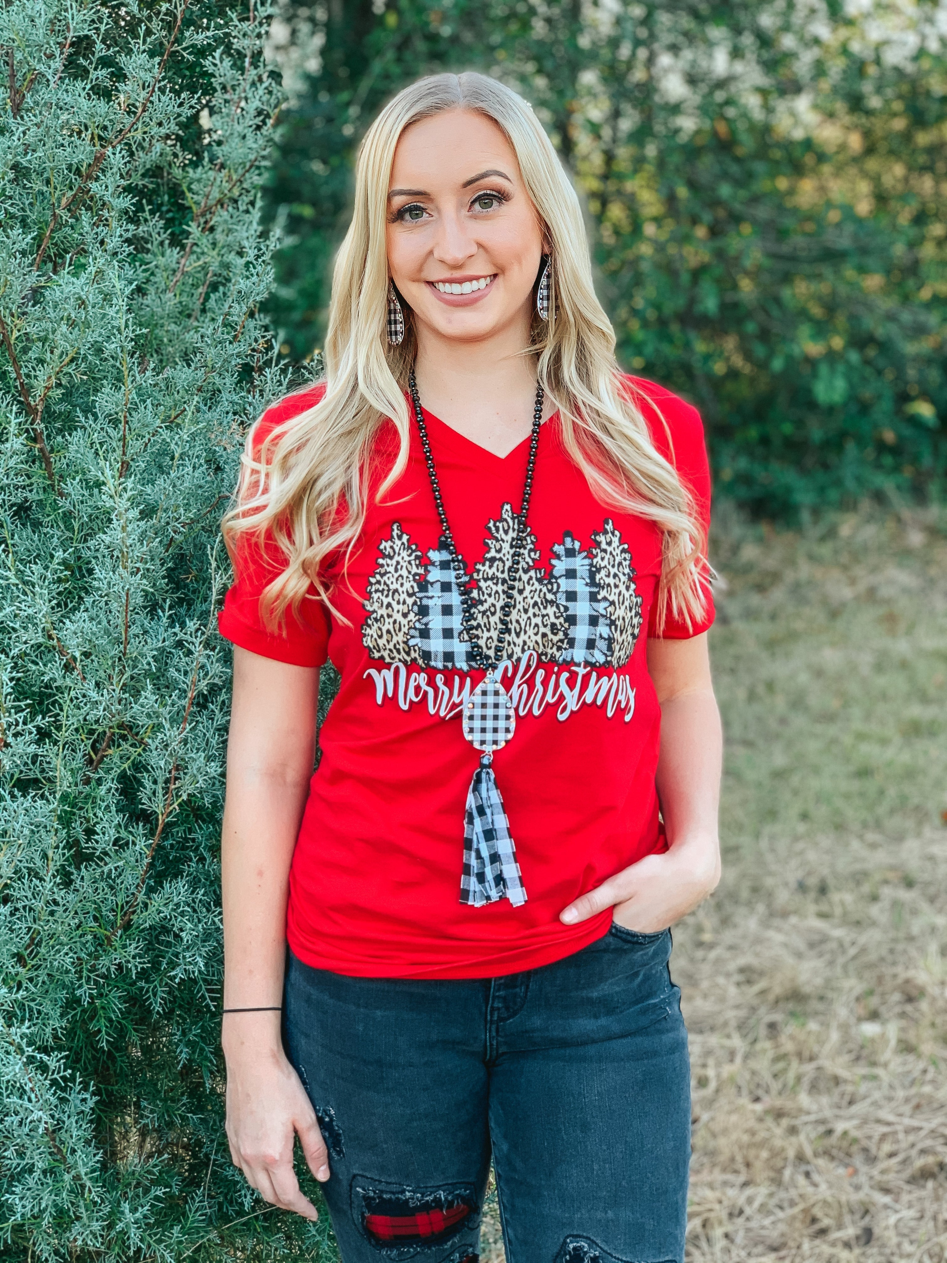 Merry Christmas Leopard and Buffalo Plaid Christmas Trees Short Sleeve Graphic Tee in Red - Giddy Up Glamour Boutique