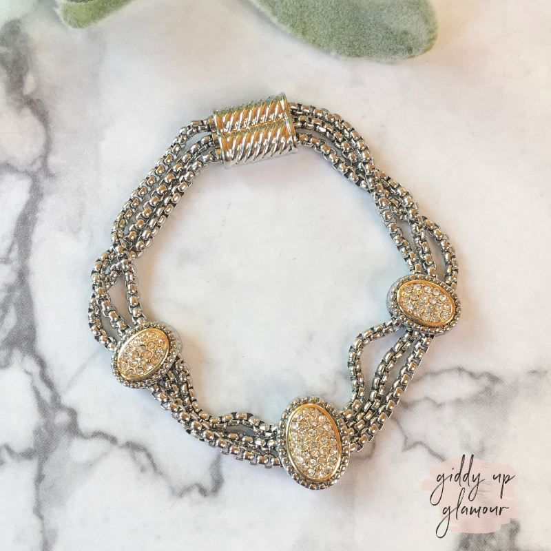 Layered Silver Chain Magnetic Bracelet with Two Toned Oval Charms with Crystals - Giddy Up Glamour Boutique