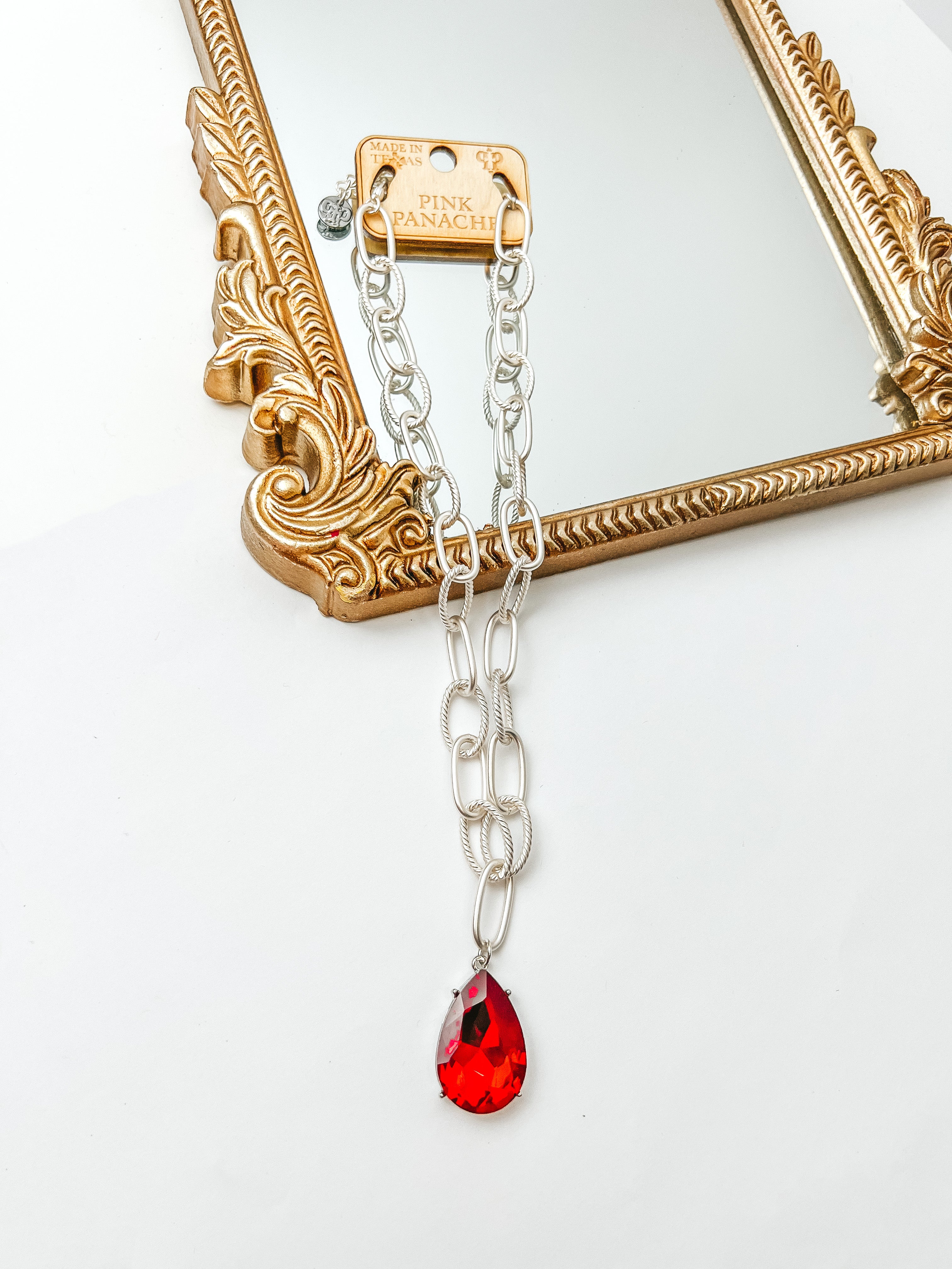 Pink Panache | Silver Tone Large Link Chain Necklace with Large Red Crystal Teardrop - Giddy Up Glamour Boutique