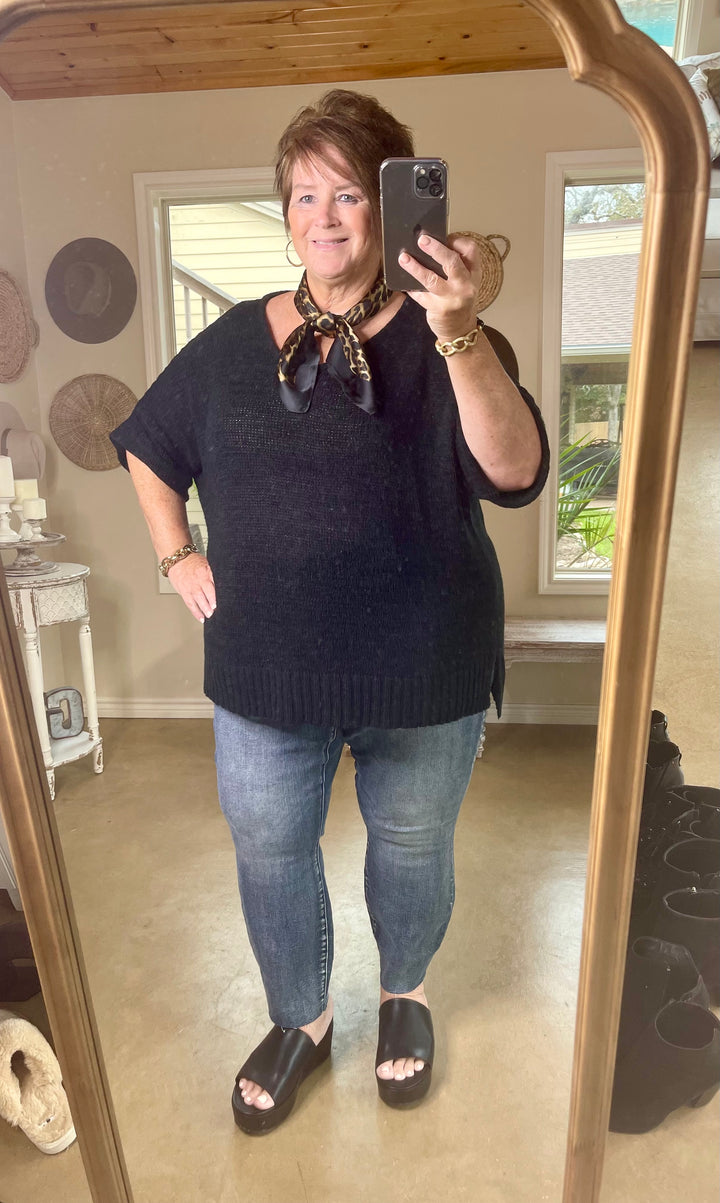 Right Idea Short Drop Sleeve V Neck Knit Sweater in Black - Giddy Up Glamour Boutique