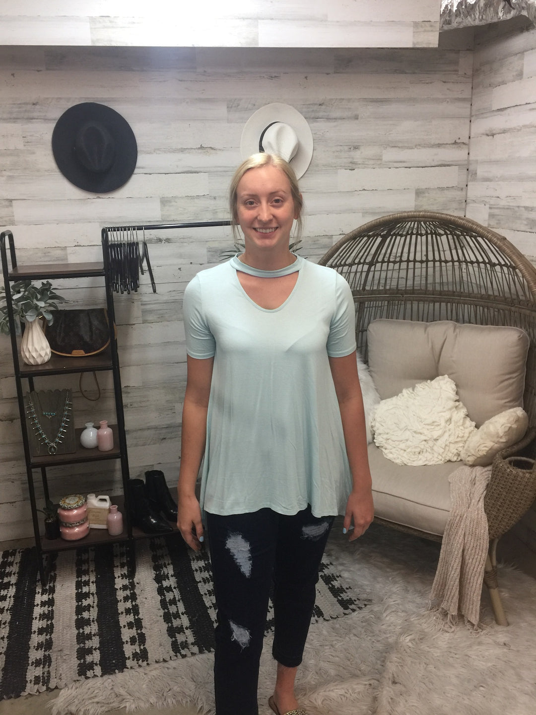 Asymmetrical Keyhole Top in Mint Blue - Giddy Up Glamour Boutique
