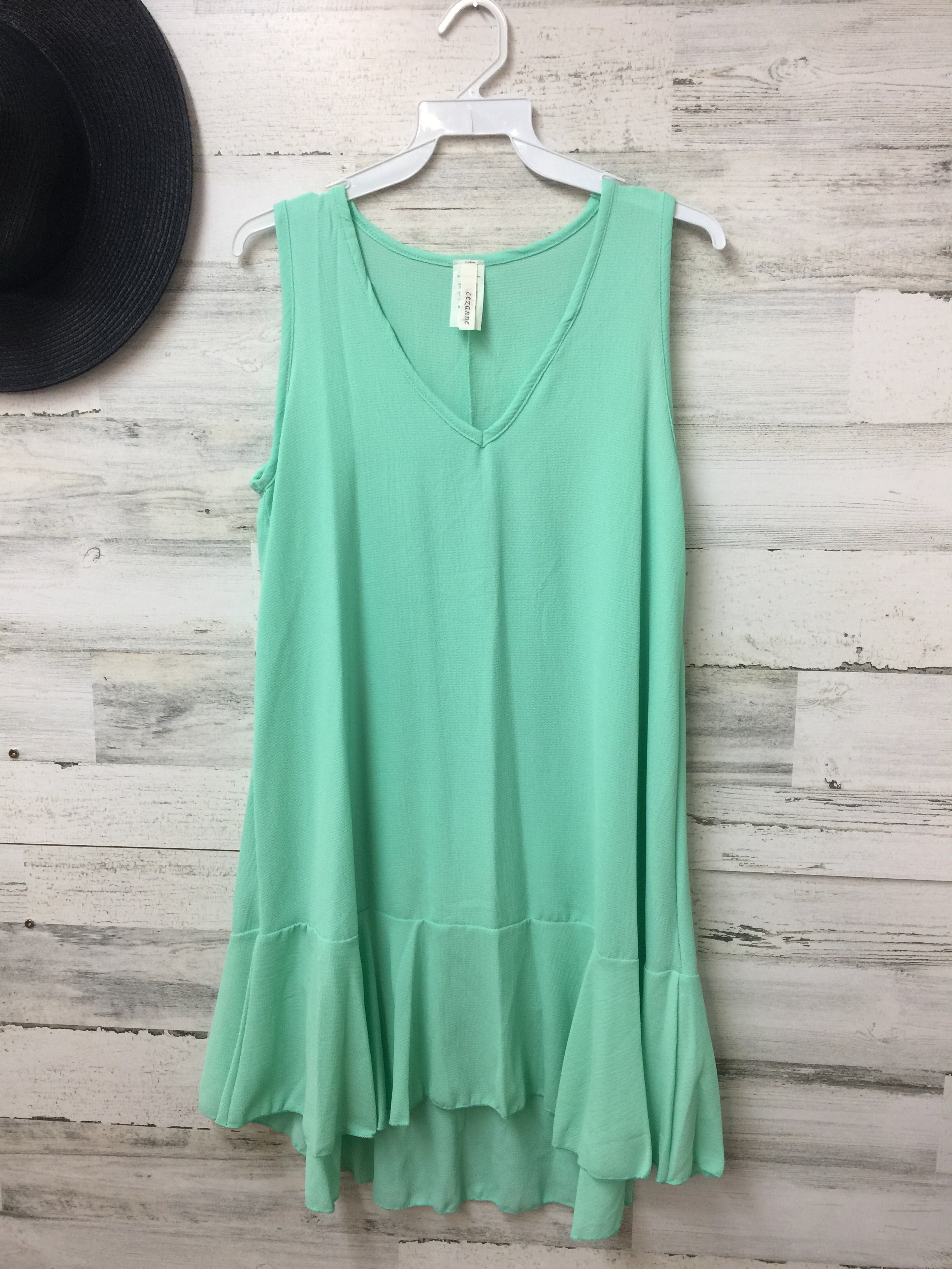 V-Neck Tank Tunic Top with Ruffle in Mint Green - Giddy Up Glamour Boutique
