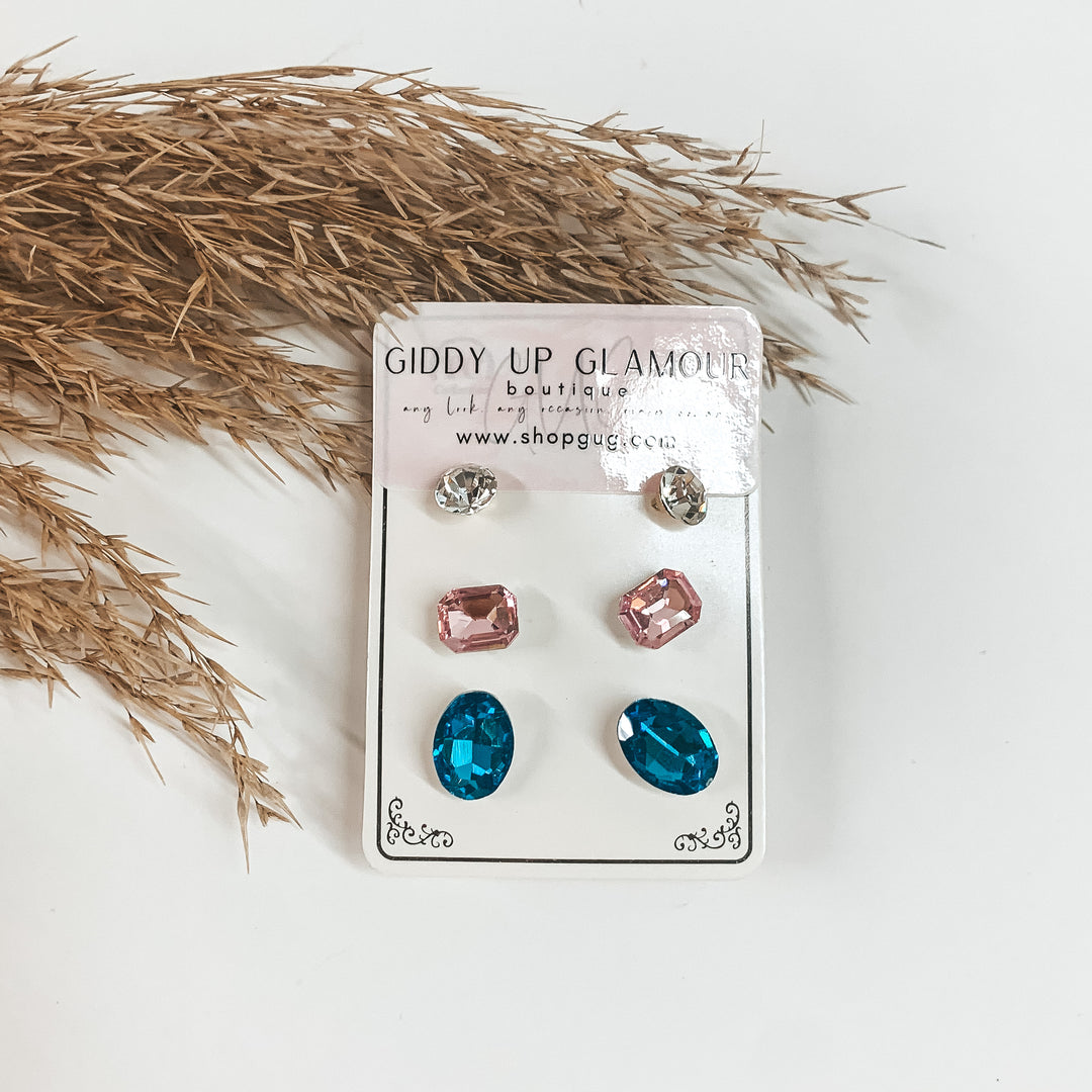 Buy 3 for $10 | Pack of Three | Faux Crystal Stud Earrings in Ovals - Giddy Up Glamour Boutique