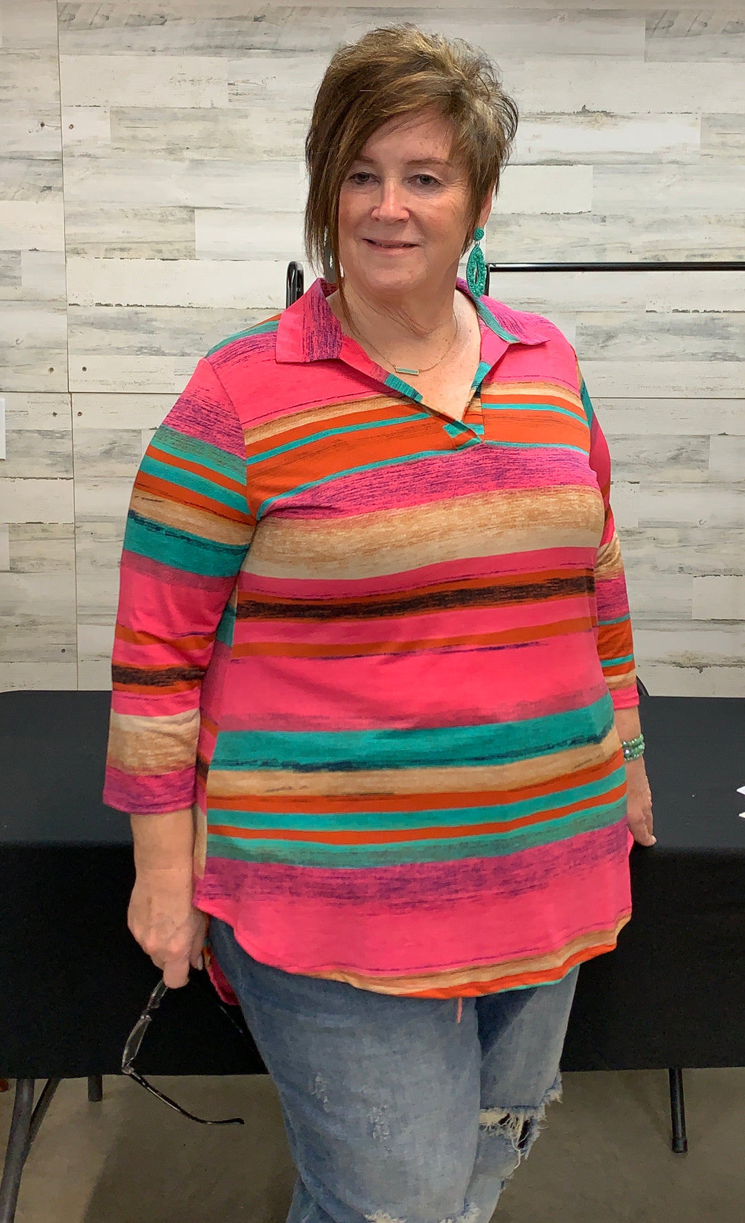 Last Chance Size Small | Scenic Route Serape Collared Tunic Top in Pink - Giddy Up Glamour Boutique