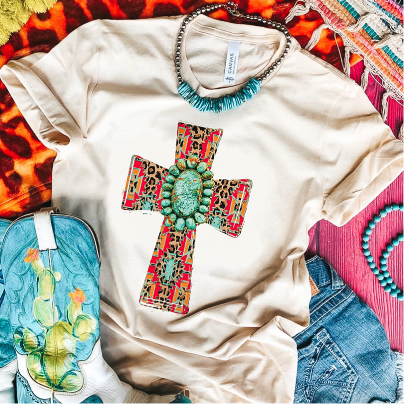 Online Exclusive | Aztec Cross with Turquoise Stone Short Sleeve Graphic Tee in Cream - Giddy Up Glamour Boutique