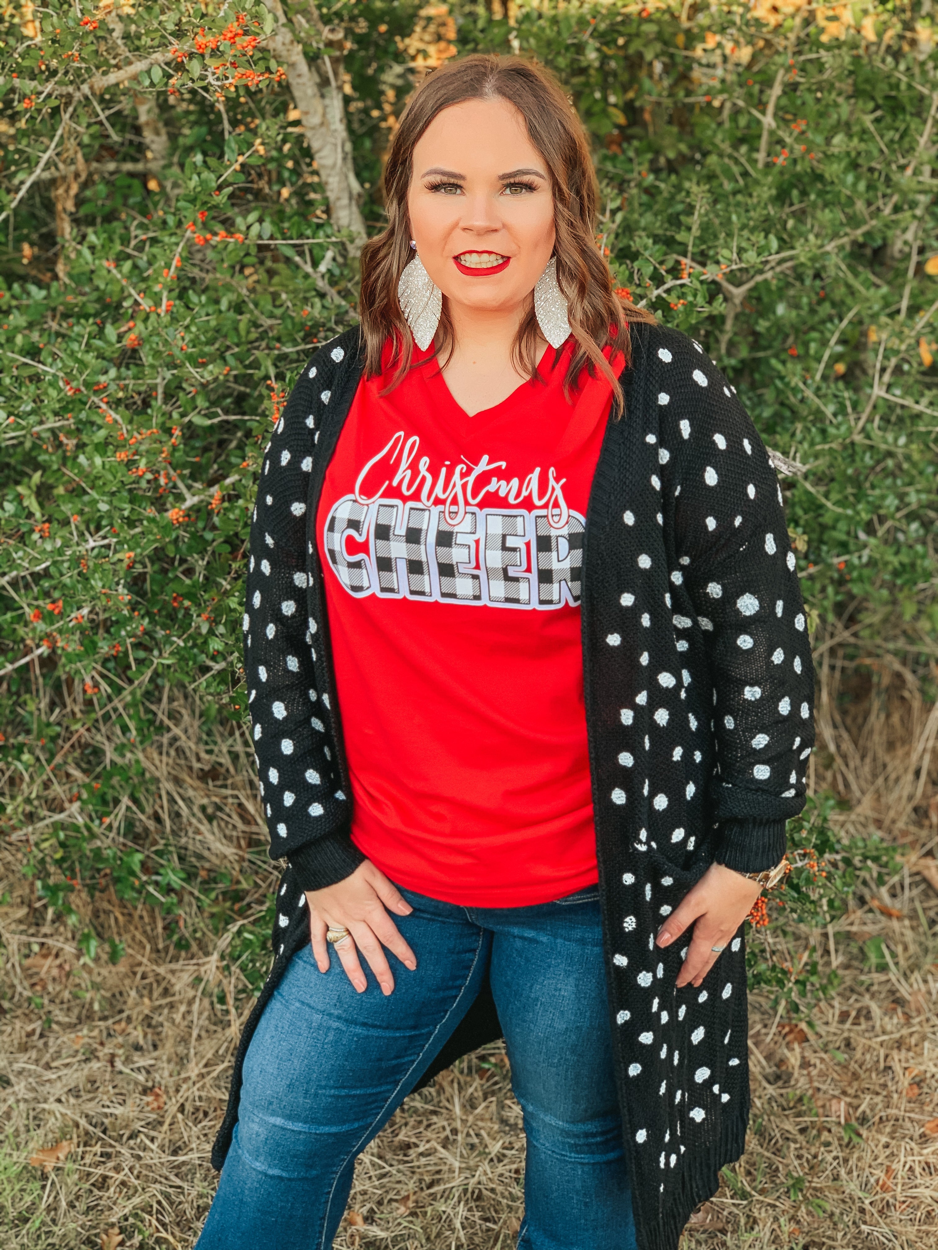 Christmas Cheer Short Sleeve Graphic Tee in Red - Giddy Up Glamour Boutique
