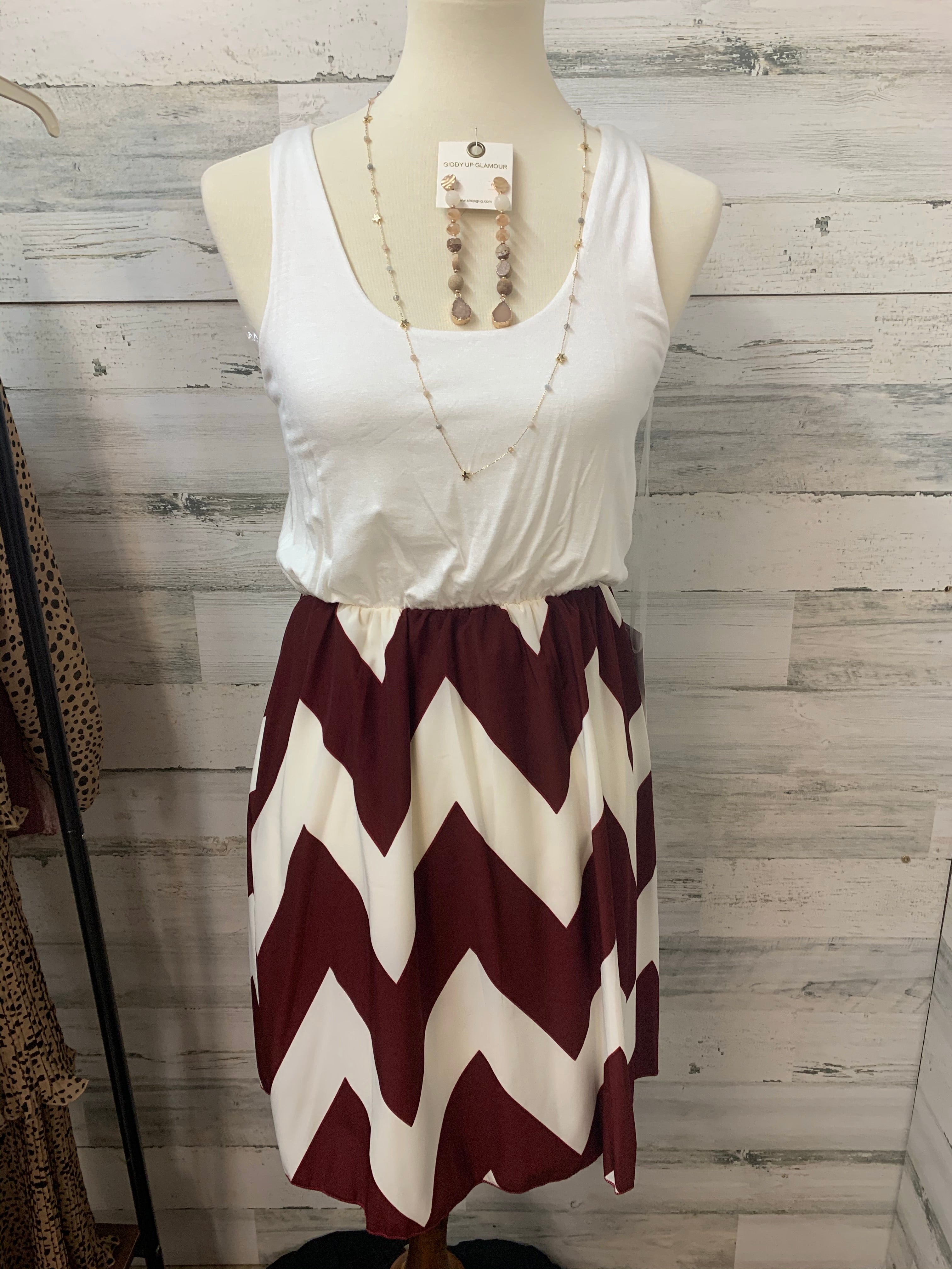 Maroon and White Chevron Mini Dress - Giddy Up Glamour Boutique