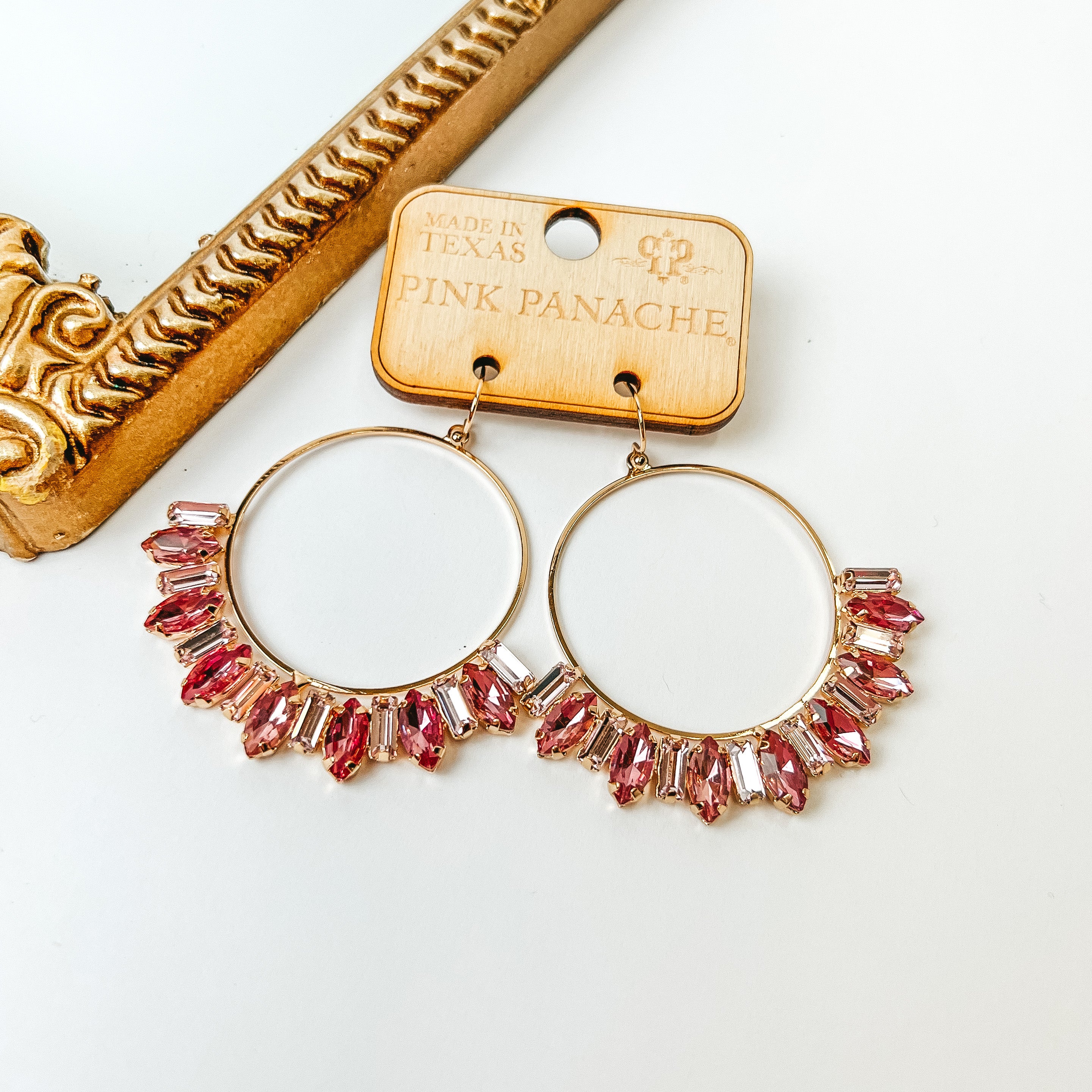 Pink Panache | Shades of Pink Baguete Rhinestone Crystals on Gold Tone Circle Hoop Earrings - Giddy Up Glamour Boutique