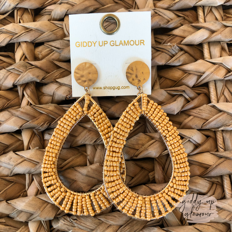Large Seed Bead Teardrop Outline Earrings in Mustard - Giddy Up Glamour Boutique