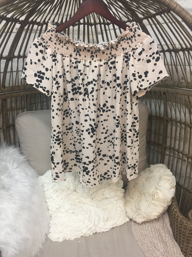 Black Dotted Off the Shoulder Top in Blush Pink