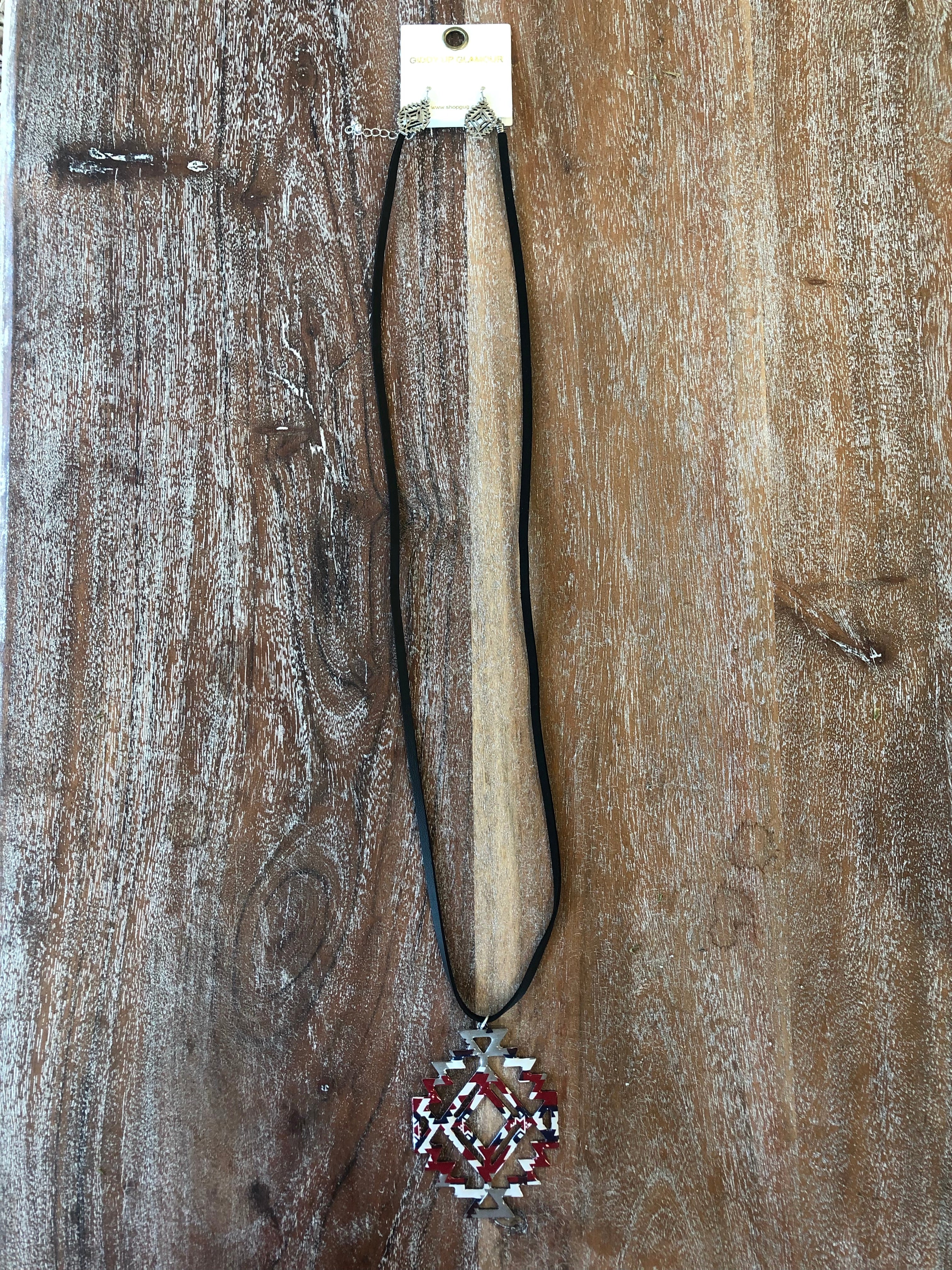 Long Black Leather Necklace with Tribal Pendant in Red and White - Giddy Up Glamour Boutique