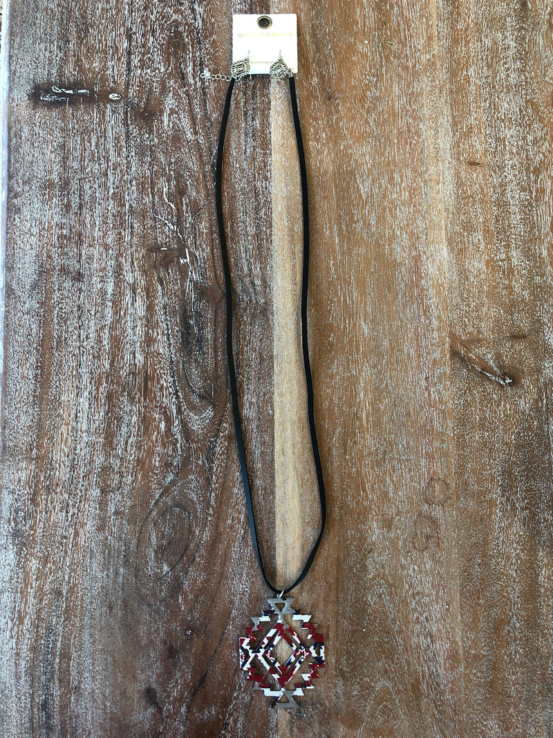 Long Black Leather Necklace with Tribal Pendant in Red and White