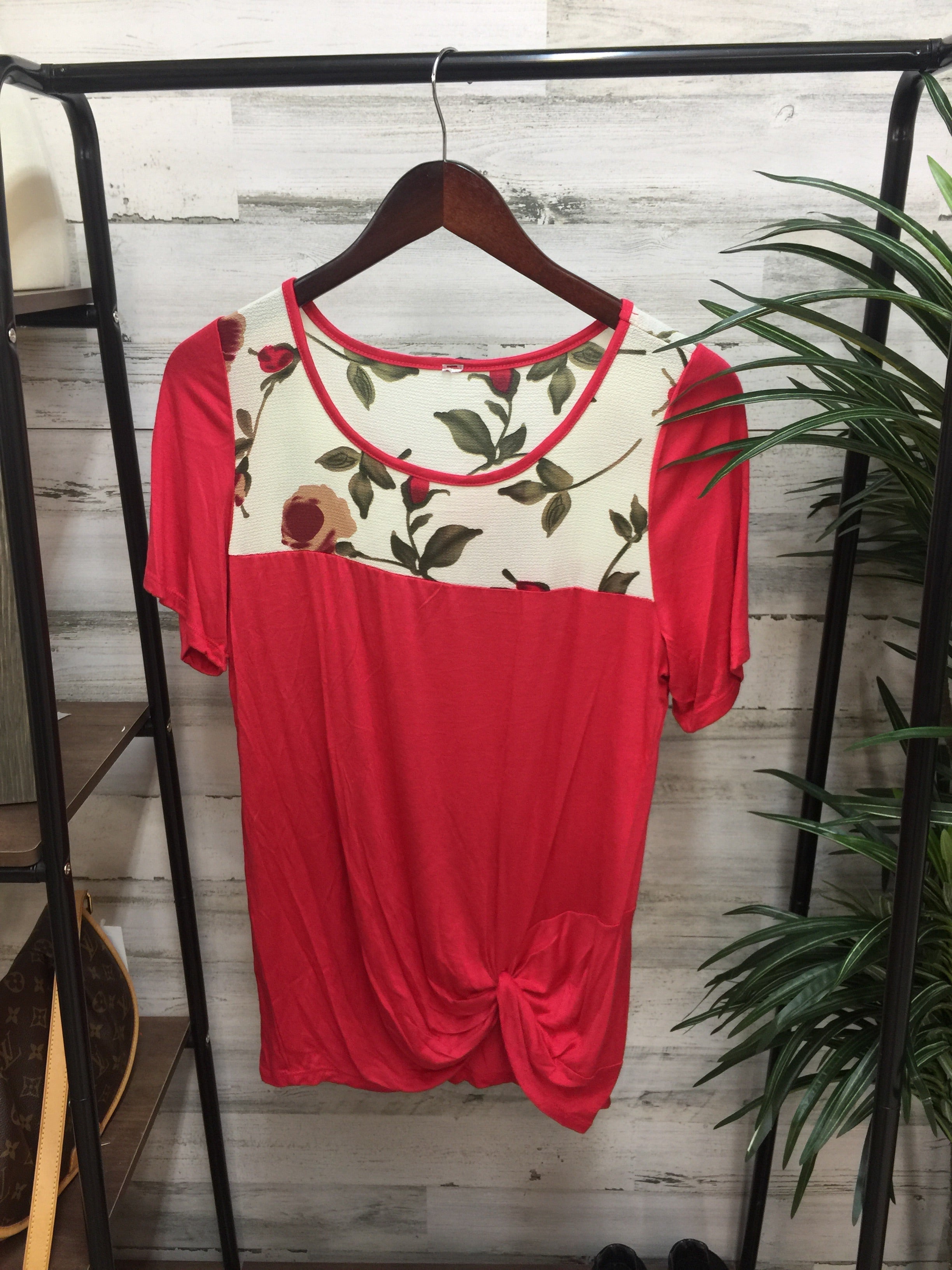 Last Chance Size Small | Coral Red Short Sleeve Top with Floral Upper
