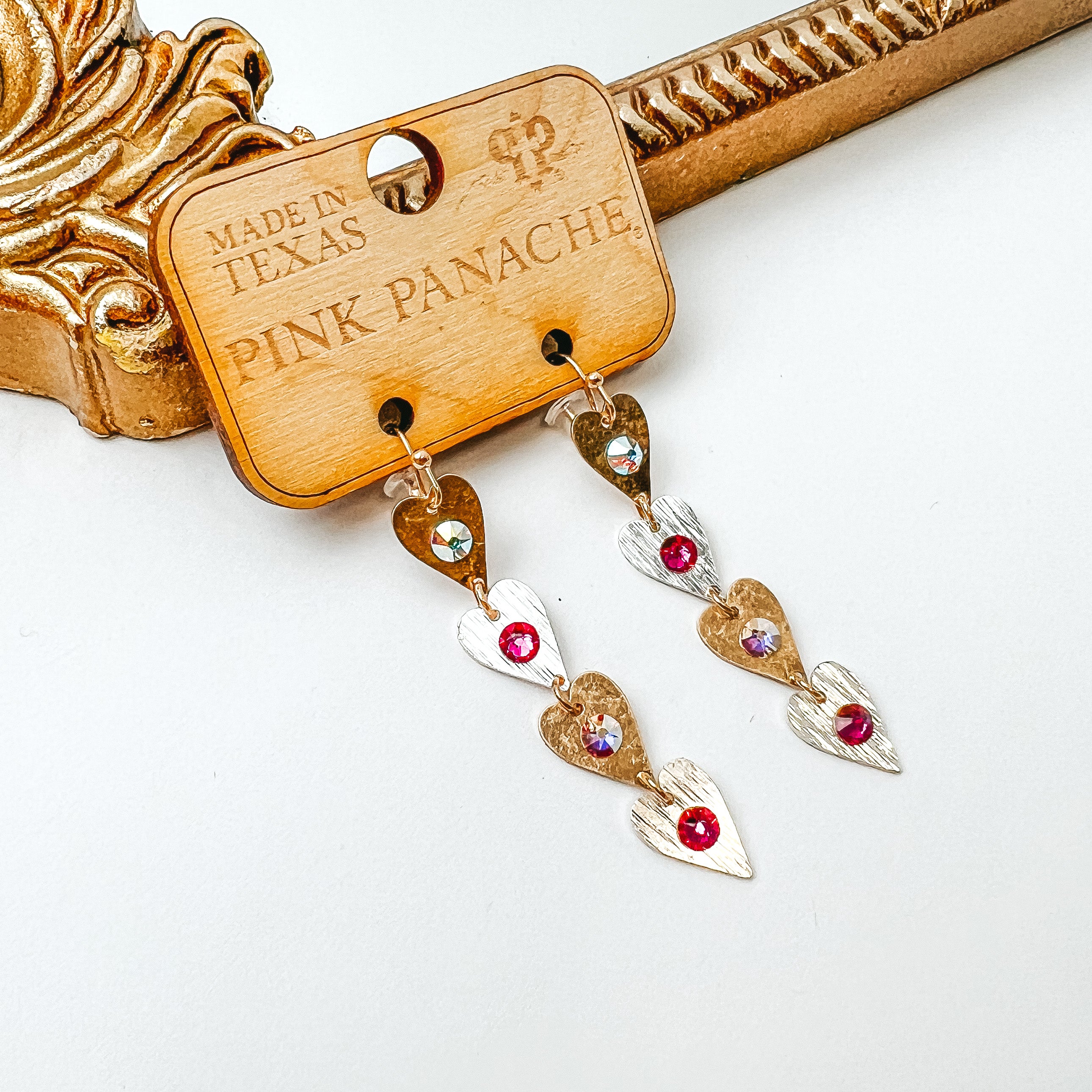 Pink Panache | Gold and Silver Tone Heart Earrings with AB and Fuchsia Pink Crystals - Giddy Up Glamour Boutique