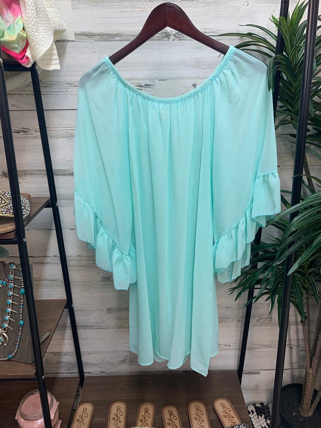 Sheer Ruffle Sleeve Top in Mint - Giddy Up Glamour Boutique