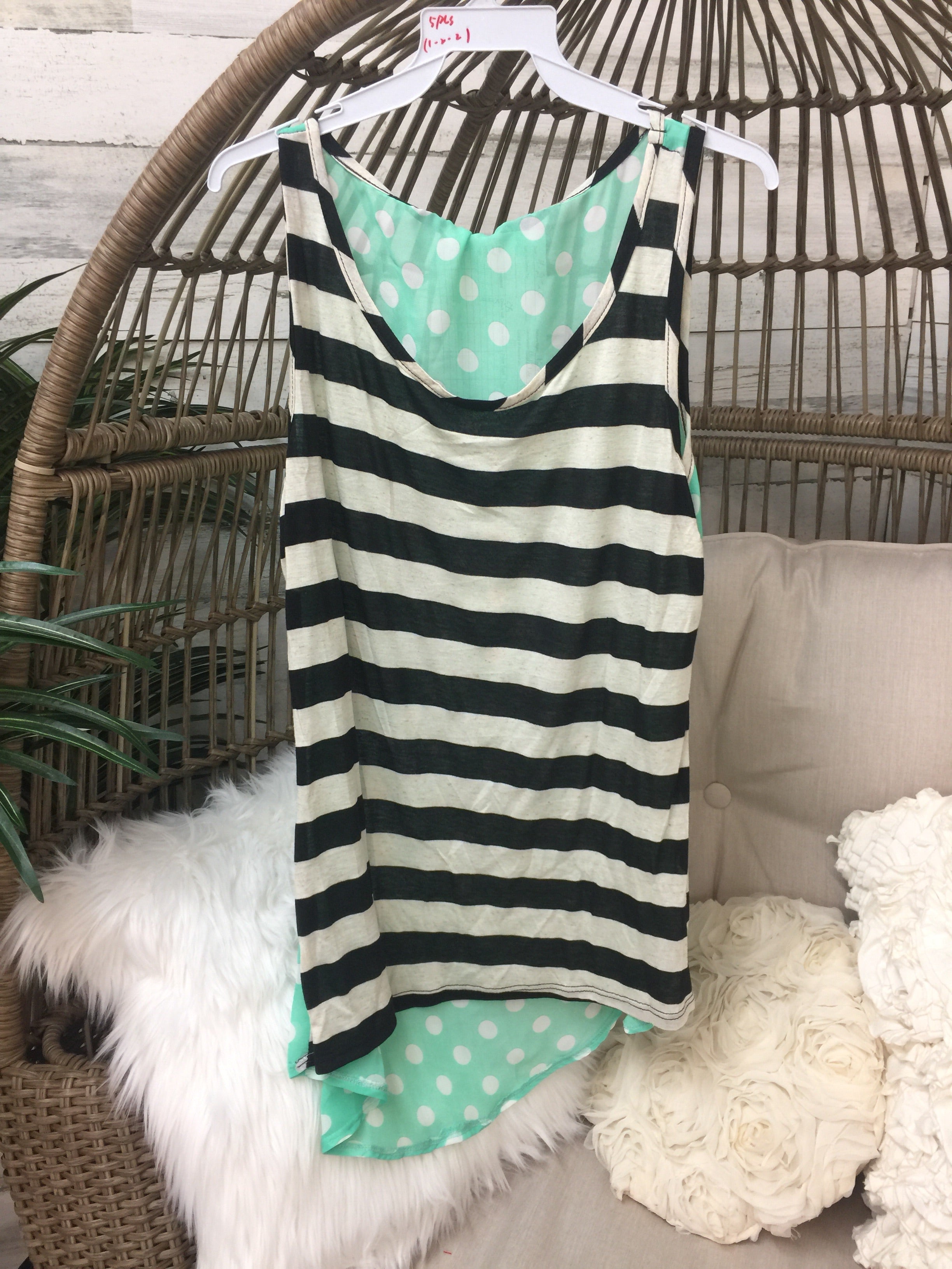 Black and White Striped Tank Top with Mint Polka Dot Back - Giddy Up Glamour Boutique