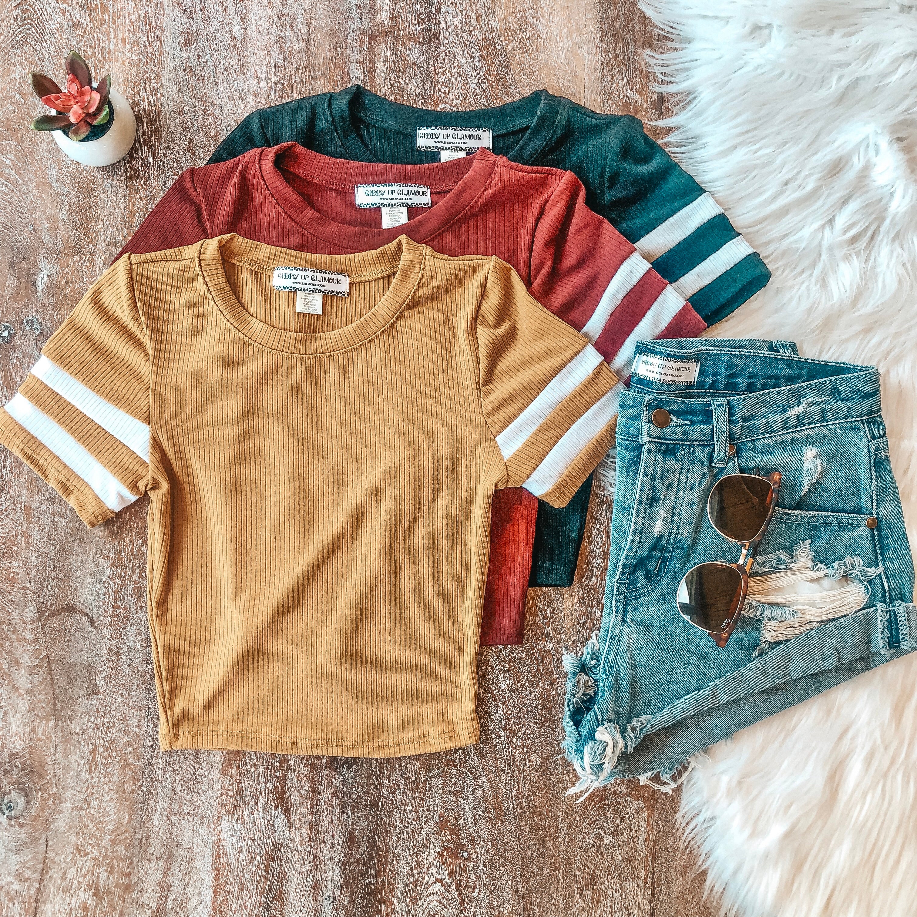Varsity Girl Ribbed Jersey Crop Top in Mustard - Giddy Up Glamour Boutique