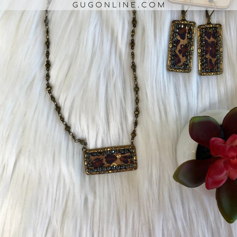 Pink Panache Bronze Rectangle Necklace with Leopard Inlay and Black Crystals - Giddy Up Glamour Boutique