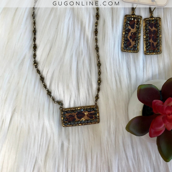 Pink Panache Bronze Rectangle Necklace with Leopard Inlay and Black Crystals - Giddy Up Glamour Boutique