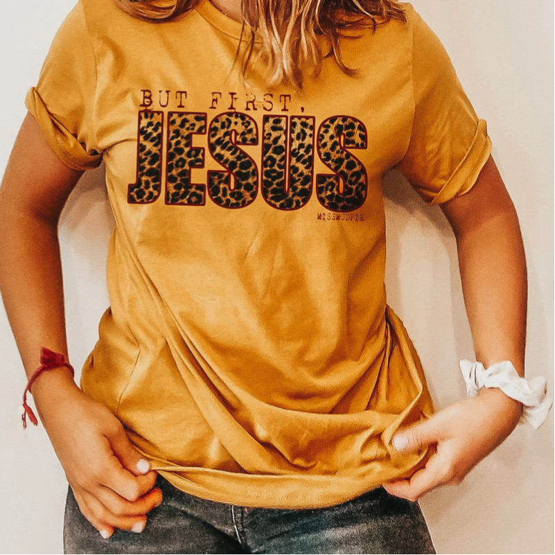 Online Exclusive | But First, Jesus Short Sleeve Graphic Tee in Mustard Yellow - Giddy Up Glamour Boutique