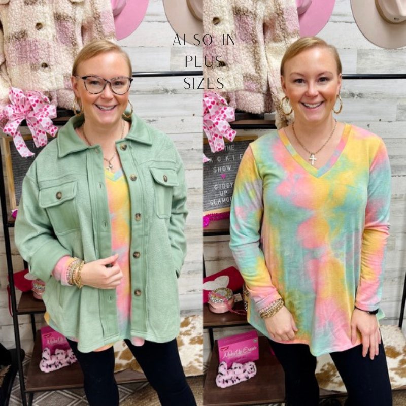 Last Chance Size S & M | Keep Things Simple Long Sleeve Tie Dye V Neck Pullover Top in Turquoise, Mustard, and Pink - Giddy Up Glamour Boutique