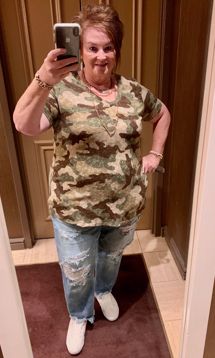 Last Chance Size S, M, & 3XL | Keep Things Simple Camouflage V Neck Tee in Olive Green - Giddy Up Glamour Boutique