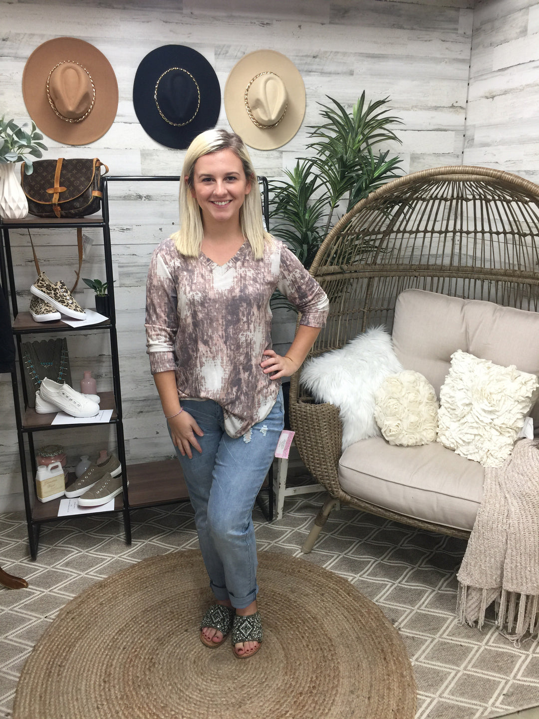 3/4 Sleeve V Neck Top Mauve and Brown - Giddy Up Glamour Boutique