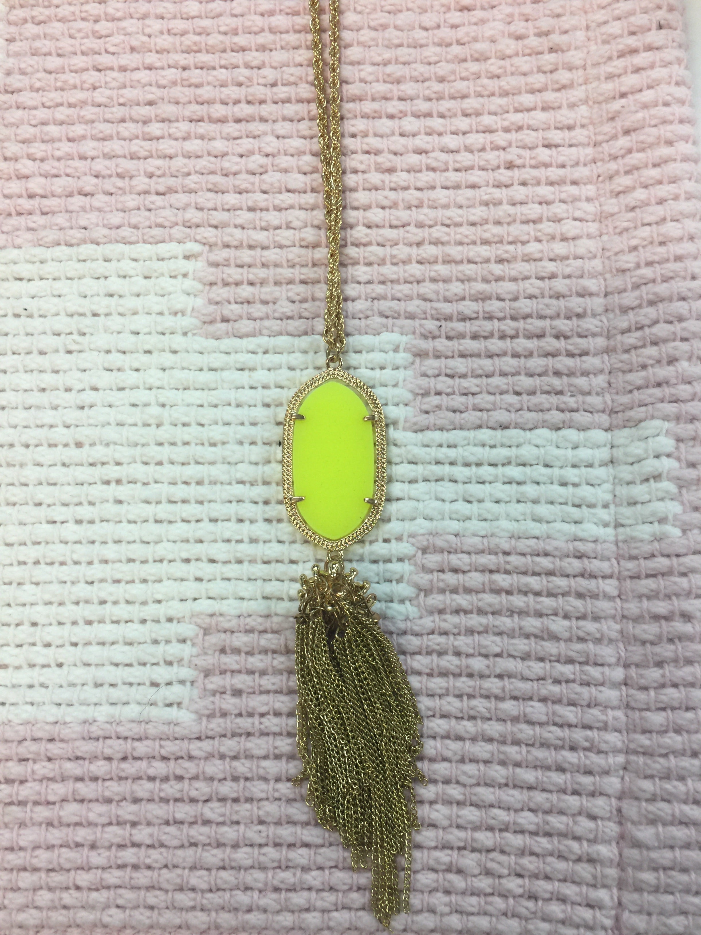 Gold Chain Necklace with Neon Yellow Oval Pendant and Chain Tassel - Giddy Up Glamour Boutique