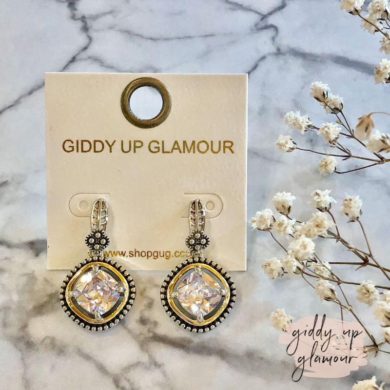 Two Toned Square Clear Crystal Stud Earrings - Giddy Up Glamour Boutique