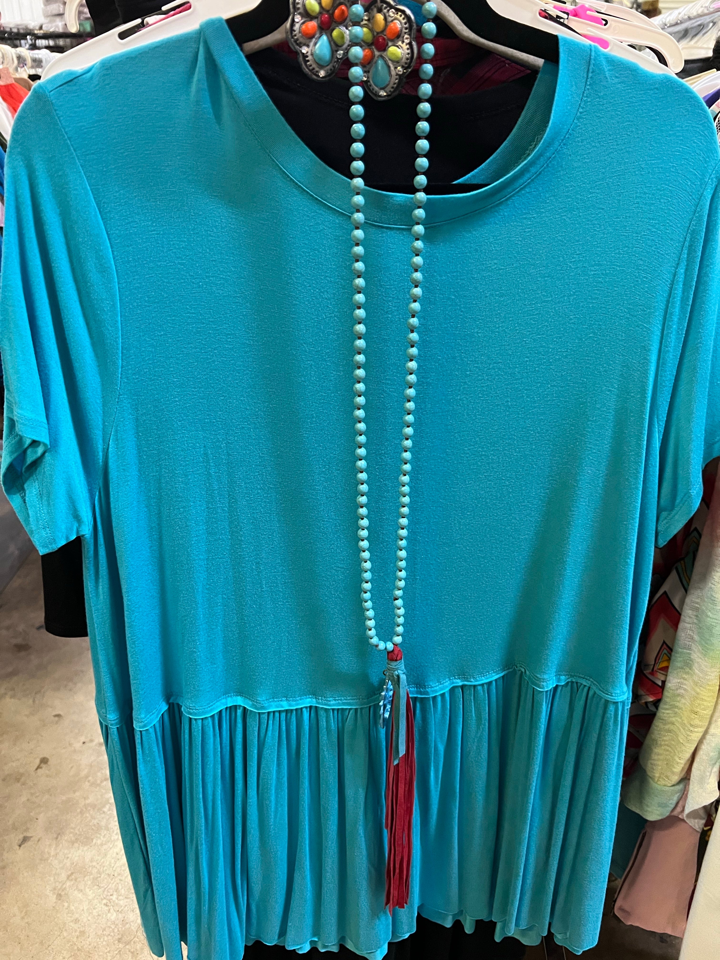 PLUS RUFFLE BOTTOM SHORT SLEEVE TOP in Bright Blue - Giddy Up Glamour Boutique