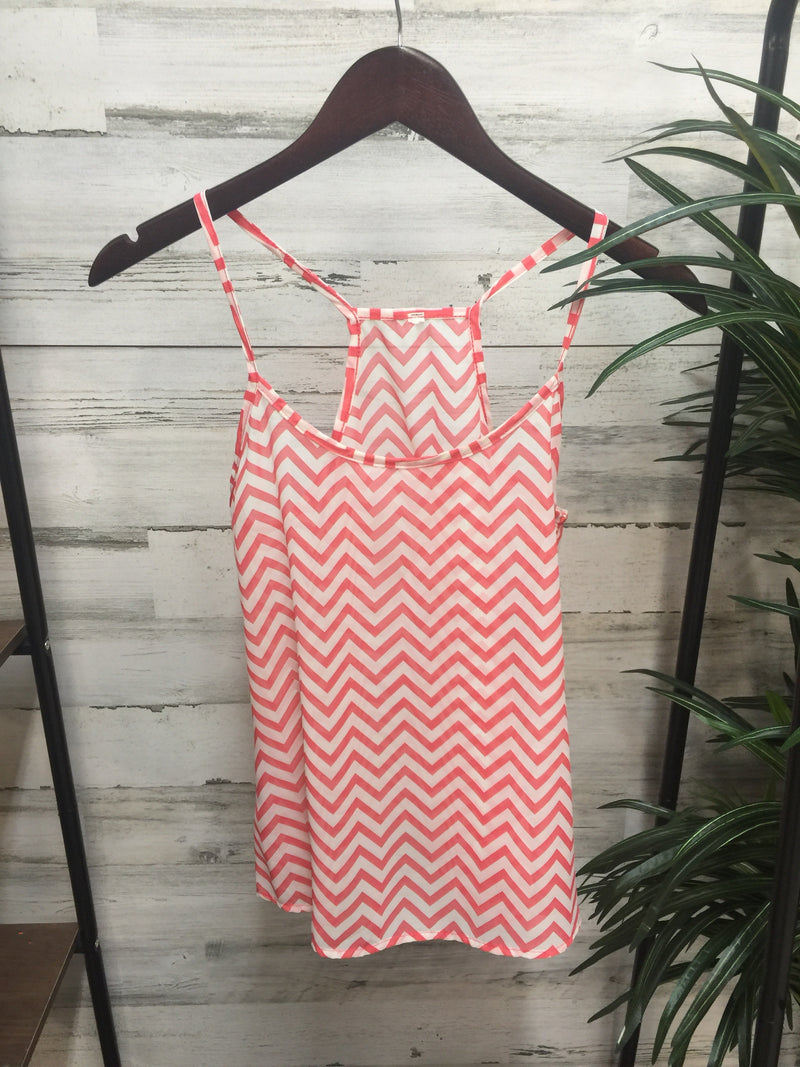 Sheer Chevron Tank Top in Coral and White