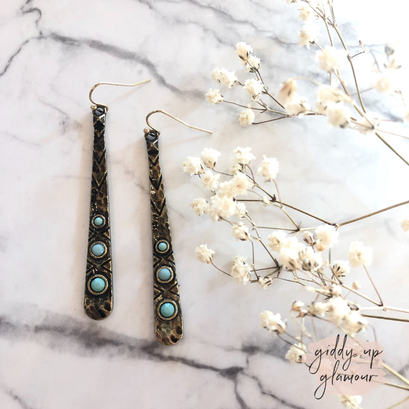 Hammered Bar Earrings in Copper Tone with Turquoise Studs - Giddy Up Glamour Boutique