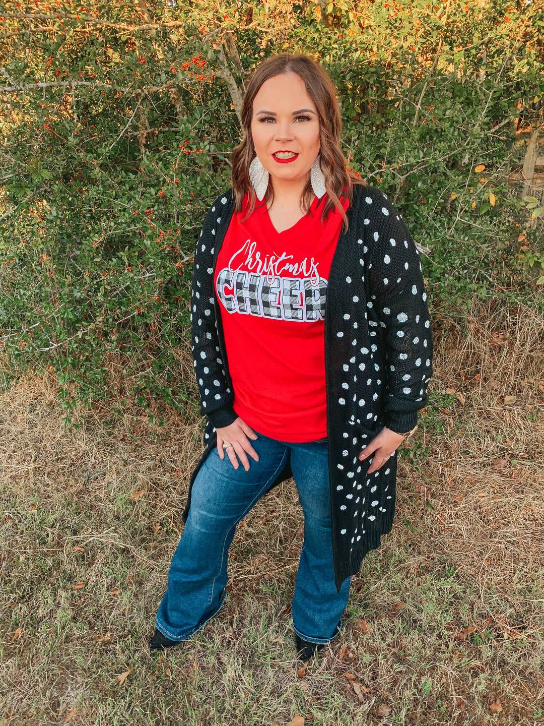 Christmas Cheer Short Sleeve Graphic Tee in Red - Giddy Up Glamour Boutique