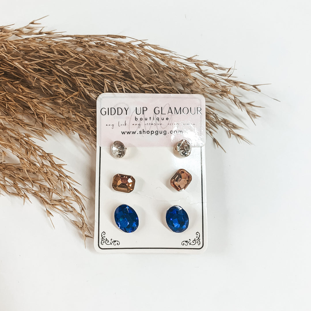 Buy 3 for $10 | Pack of Three | Faux Crystal Stud Earrings in Ovals - Giddy Up Glamour Boutique