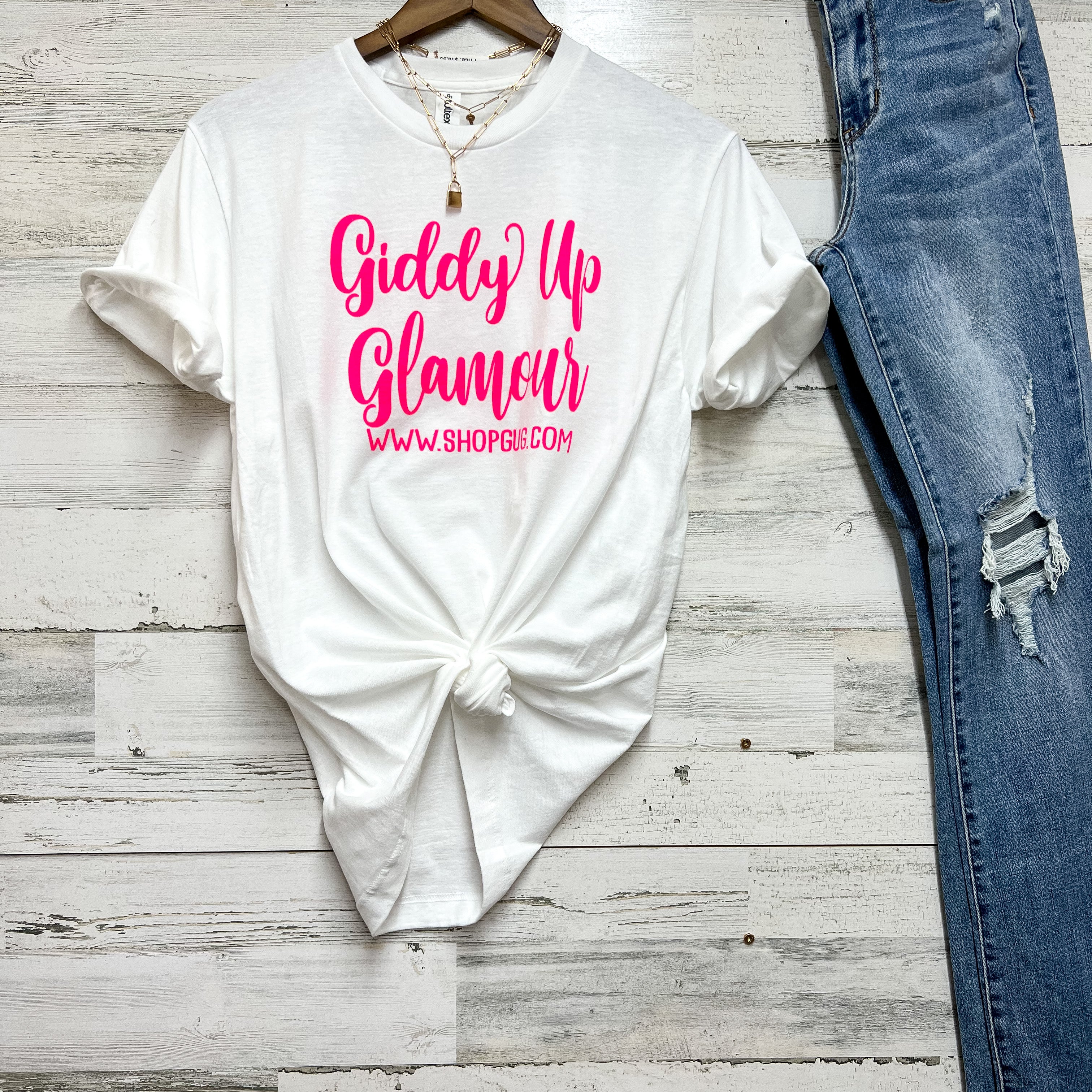 Black Friday Free Gift | Giddy Up Glamour Pink Graphic Logo Tee in White - Giddy Up Glamour Boutique