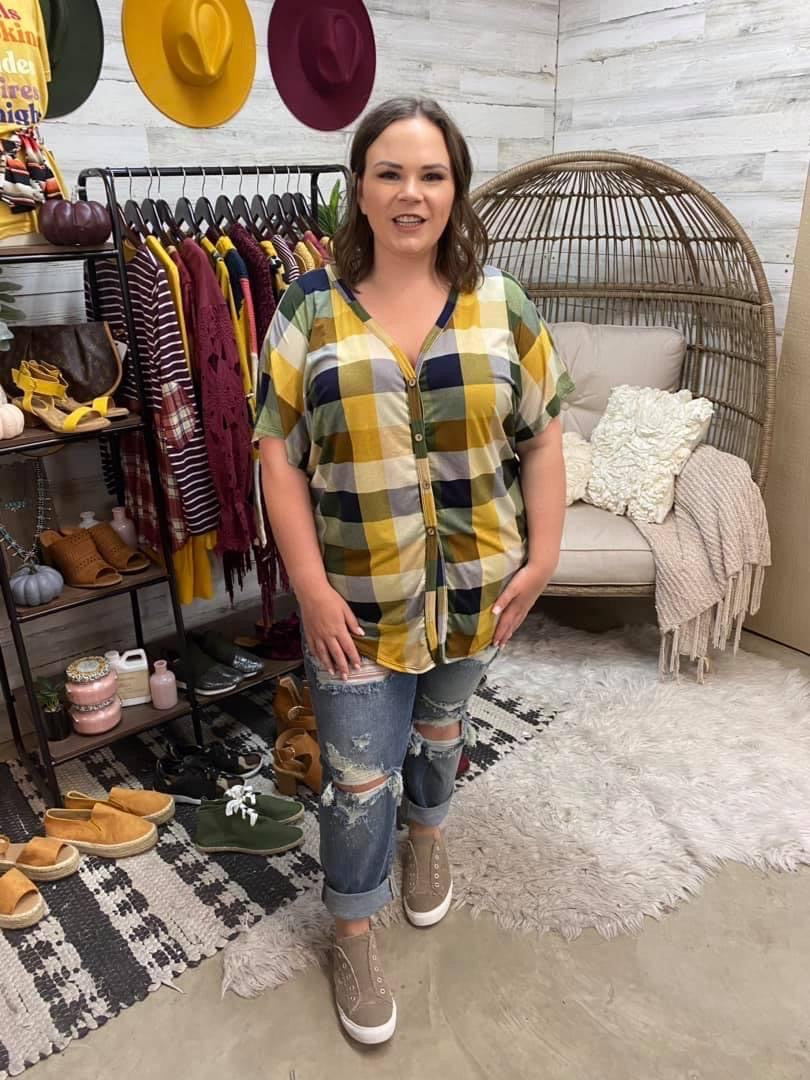 Plaid Button Up in Olive Green, Navy, and Mustard - Giddy Up Glamour Boutique