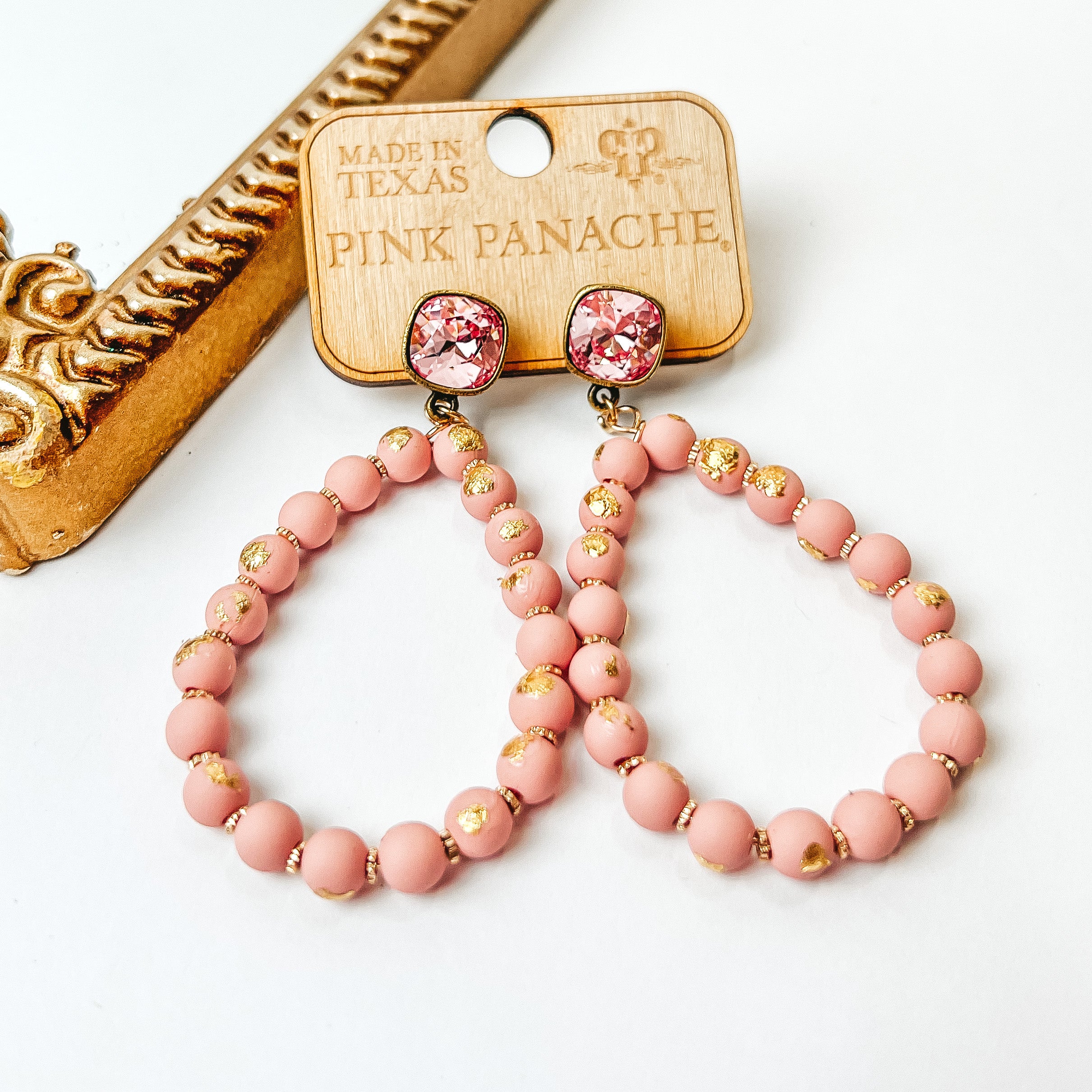 Pink Panache | Light Rose Cushion Cut Post Earrings and Light Pink Beaded Teardrop Pendant with Gold Tone Flakes