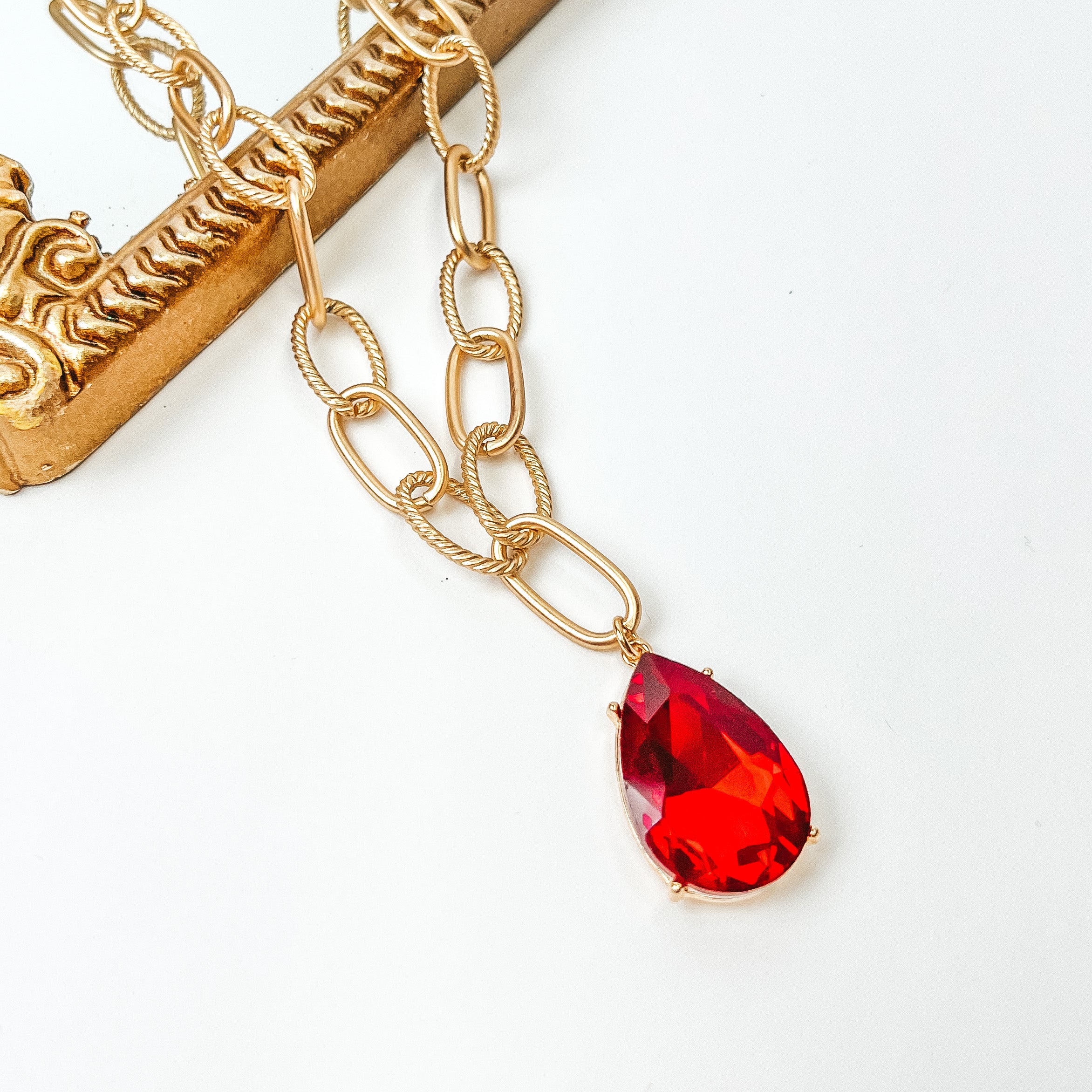 Pink Panache | Gold Tone Large Link Chain Necklace with Large Red Crystal Teardrop - Giddy Up Glamour Boutique