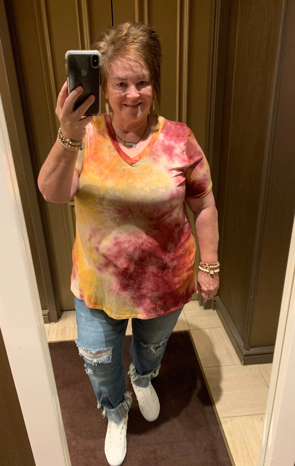 Last Chance Size Small & Med. | Keep Things Simple Tie Dye V Neck Tee in Maroon and Mustard - Giddy Up Glamour Boutique