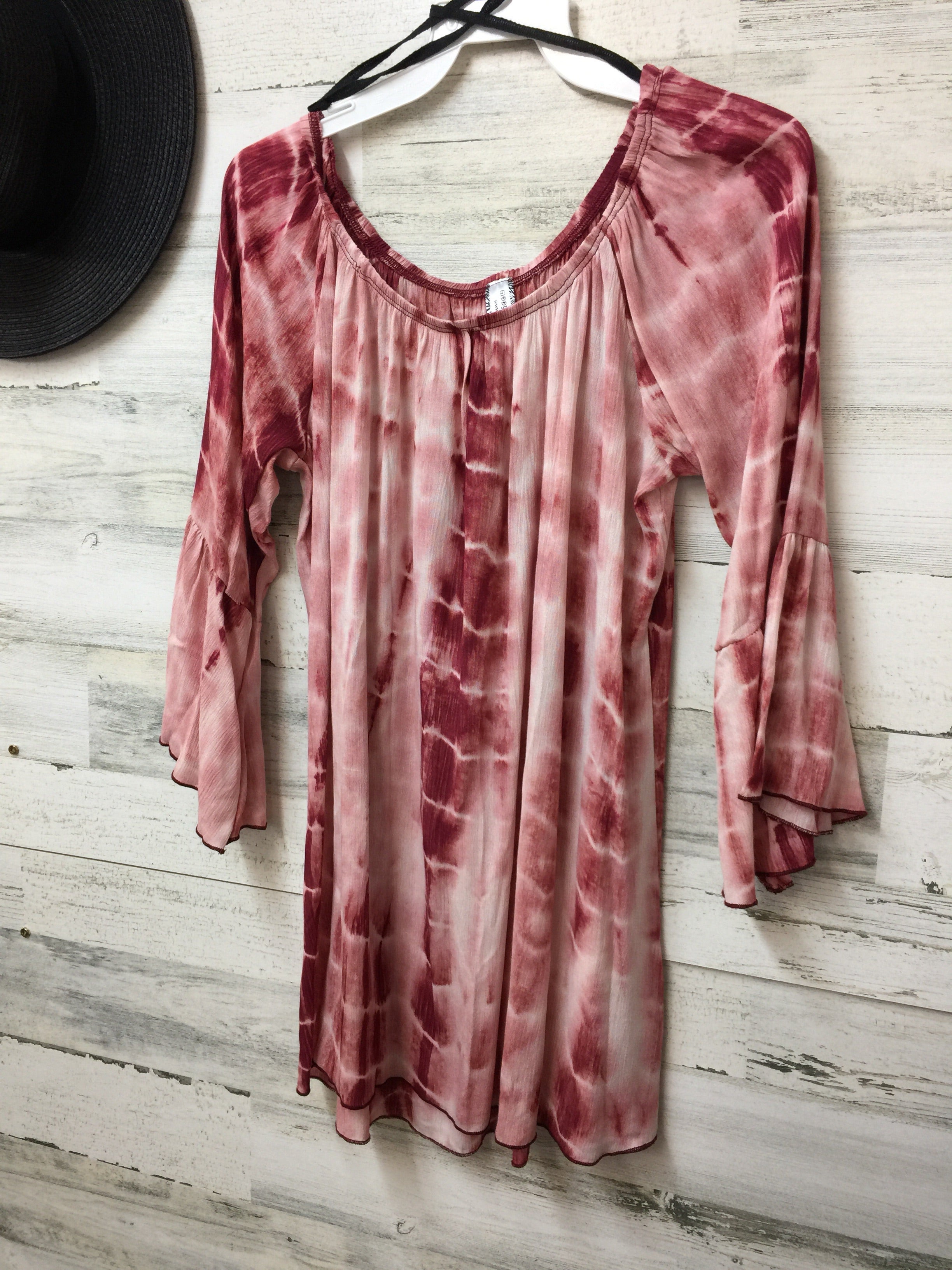 Last Chance Size Small | Tie Dye Off the Shoulder Tunic Top in Maroon - Giddy Up Glamour Boutique