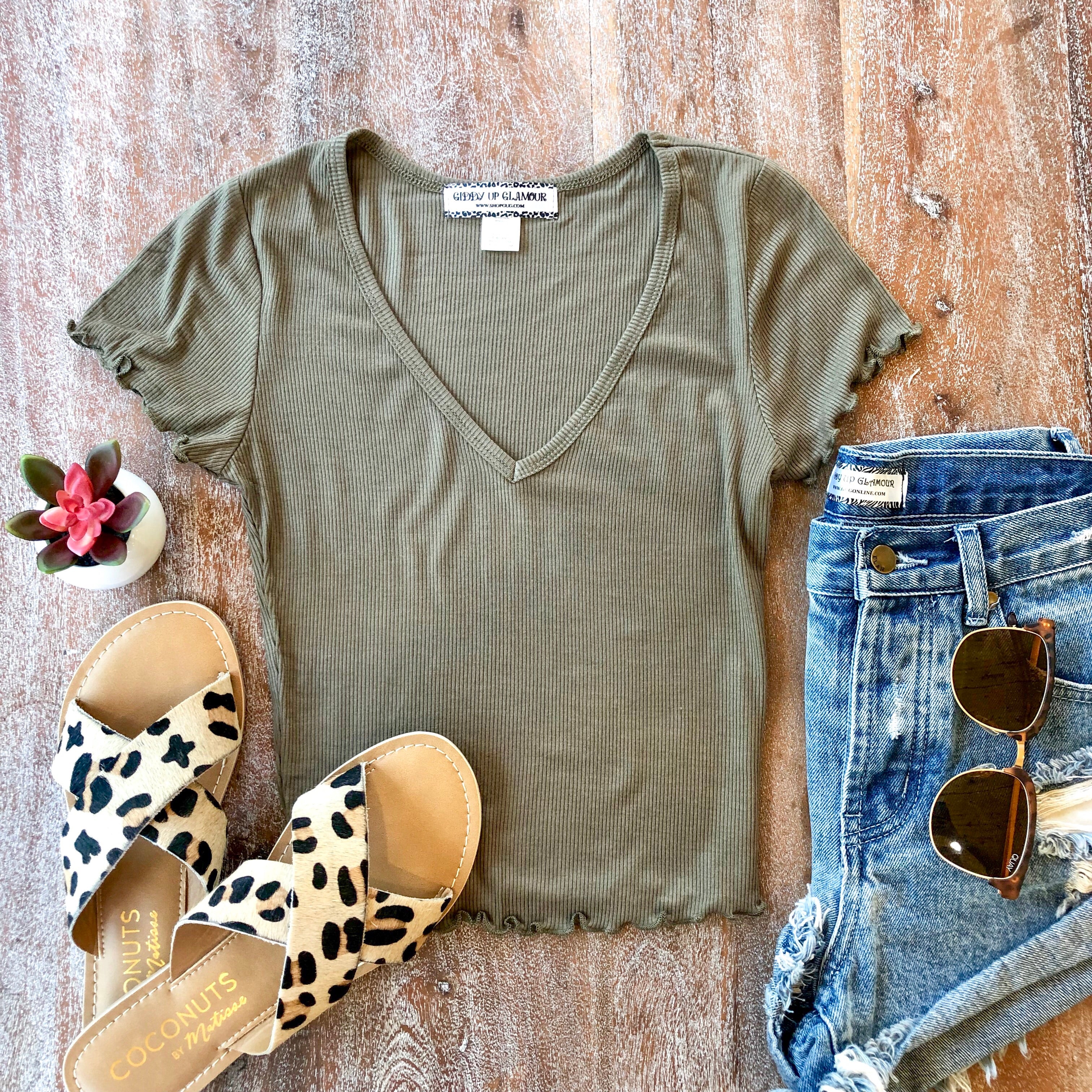 Last Chance Size Medium | Happy Me Ribbed V Neck Crop Top in Olive - Giddy Up Glamour Boutique