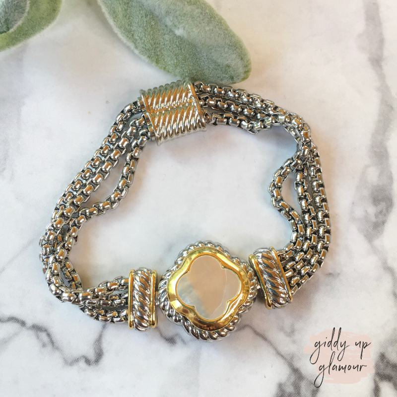 Two Toned Clover Magnetic Bracelet in Mother of Pearl - Giddy Up Glamour Boutique